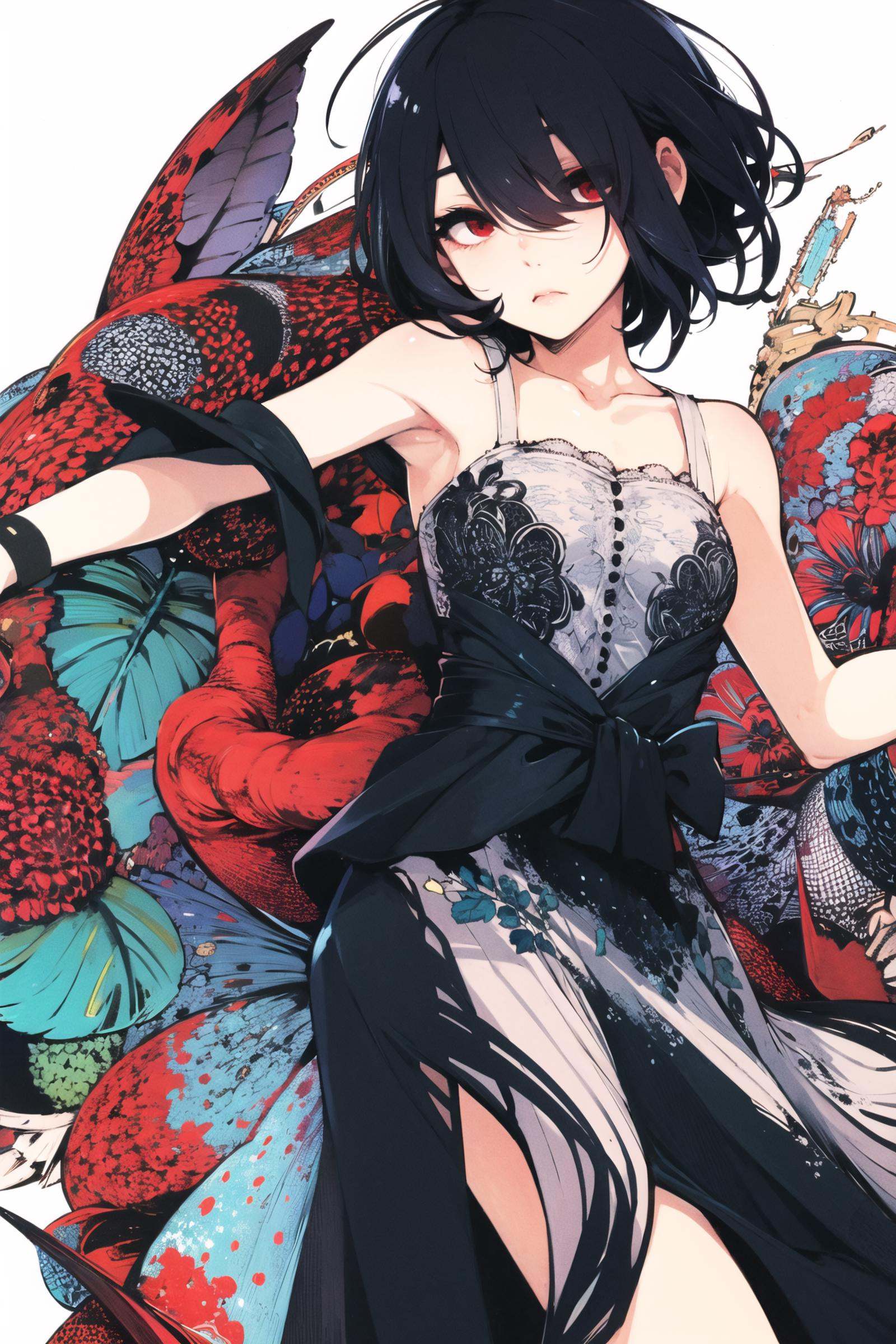 kirishima touka, 1girl, solo, dress, black dress, black hair, short hair, red eyes, hair over one eye, white background, bare shoulders, simple background, sleeveless, sleeveless dress, looking at viewer, <lora:Ishida Sui:0.8>