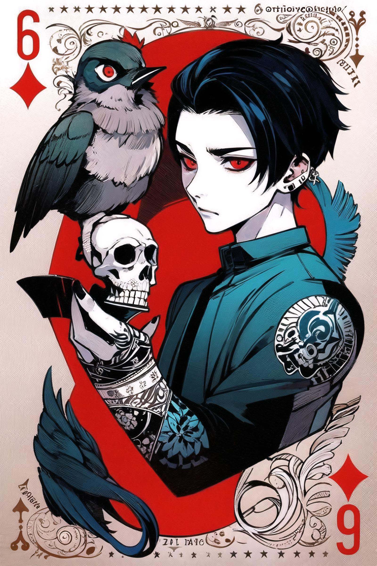 card, playing card, red eyes, solo, black nails, 1boy, crow, male focus, skull, piercing, bird, holding, tattoo, colored sclera, black hair, black sclera, ear piercing, white background, spade (shape), pale skin, short hair, cup, holding card, jewelry, earrings, card (medium), <lora:Ishida Sui:0.9>