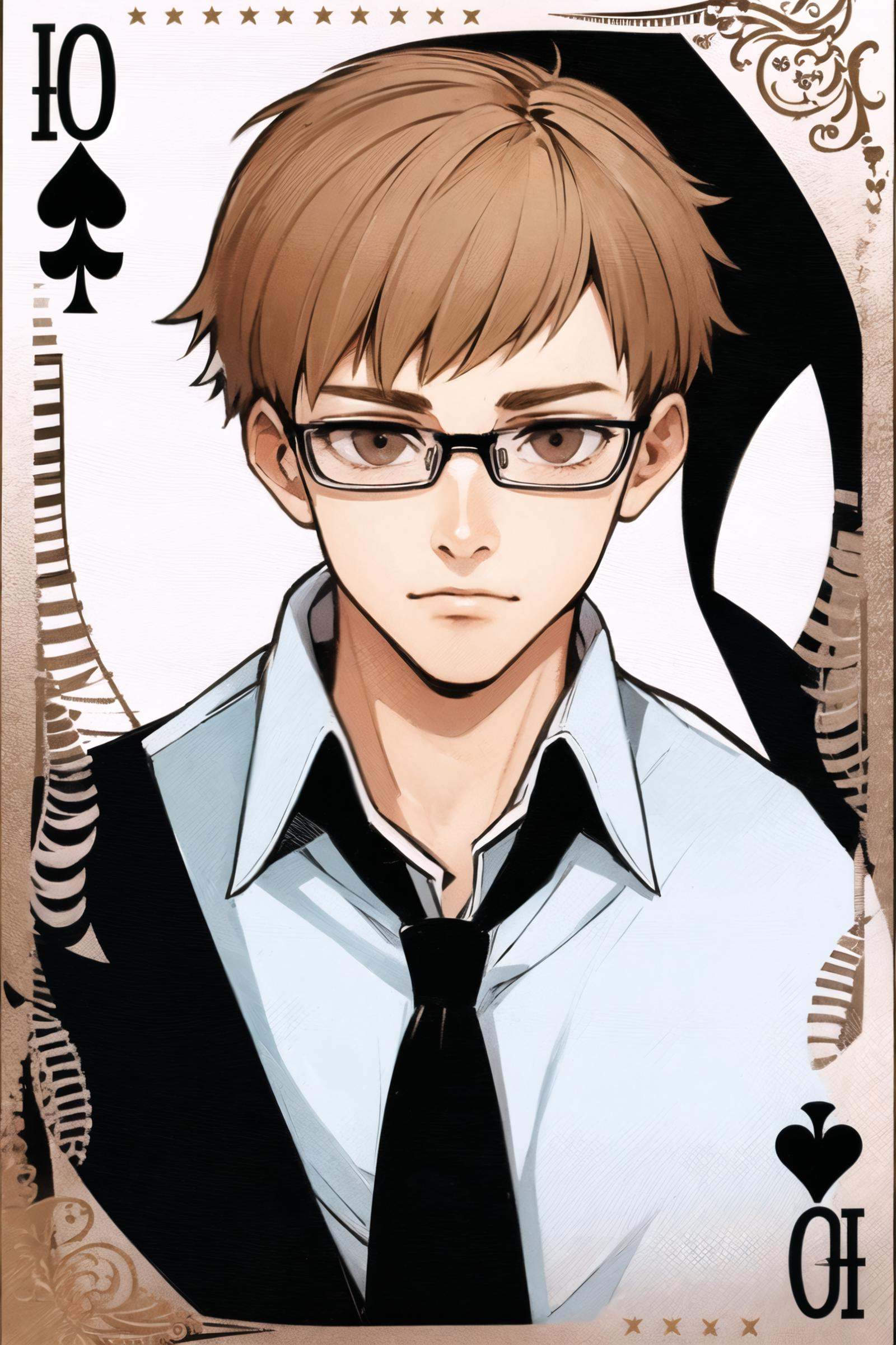 1boy, male focus, glasses, solo, brown hair, brown eyes, white background, simple background, shirt, short hair, white shirt, card, adjusting eyewear, playing card, collared shirt, jacket, <lora:Ishida Sui:0.8>