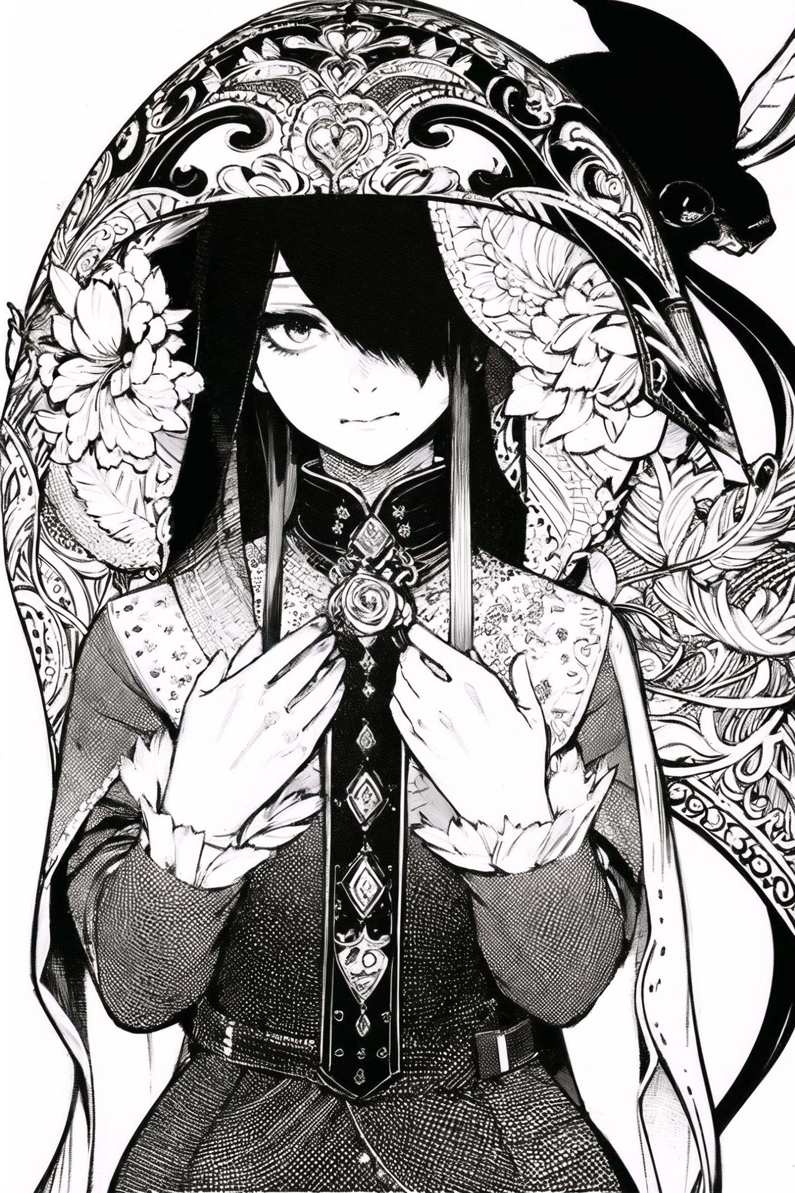 1girl, monochrome, solo, veil, hair over one eye, black background, long hair, flower, gloves, dress, greyscale, closed mouth, simple background, long sleeves, holding, lineart, upper body, looking at viewer, <lora:Ishida Sui:0.9>