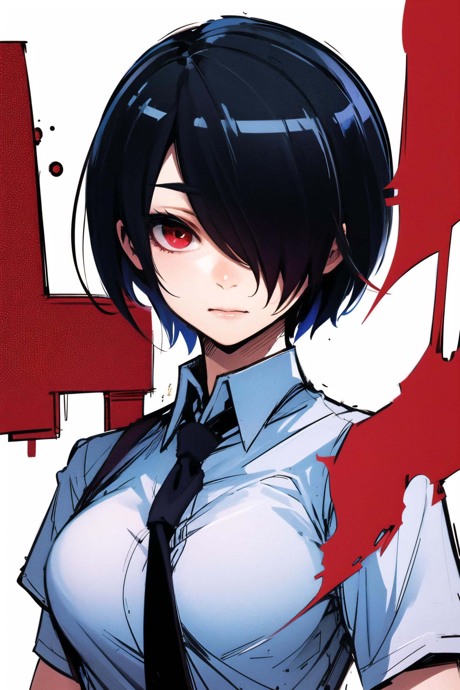 1girl, solo, red eyes, hair over one eye, short hair, black hair, white background, simple background, kirishima touka, shirt, upper body, school uniform, necktie, looking at viewer, white shirt, breasts, short sleeves, <lora:Ishida Sui:0.8>