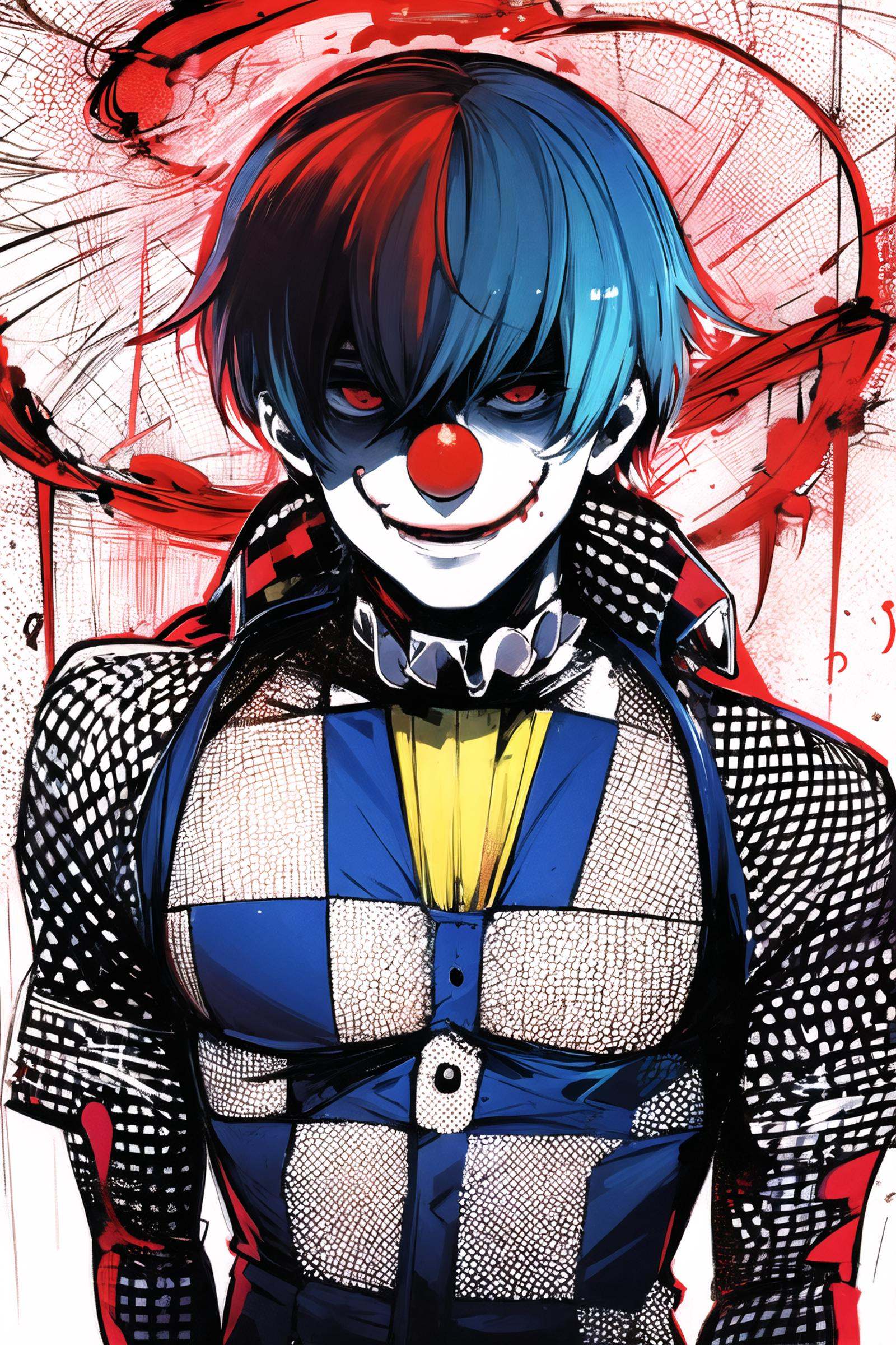 1boy, male focus, clown, heart, solo, white background, simple background, upper body, checkered clothes, blood, smile, <lora:Ishida Sui:0.9>