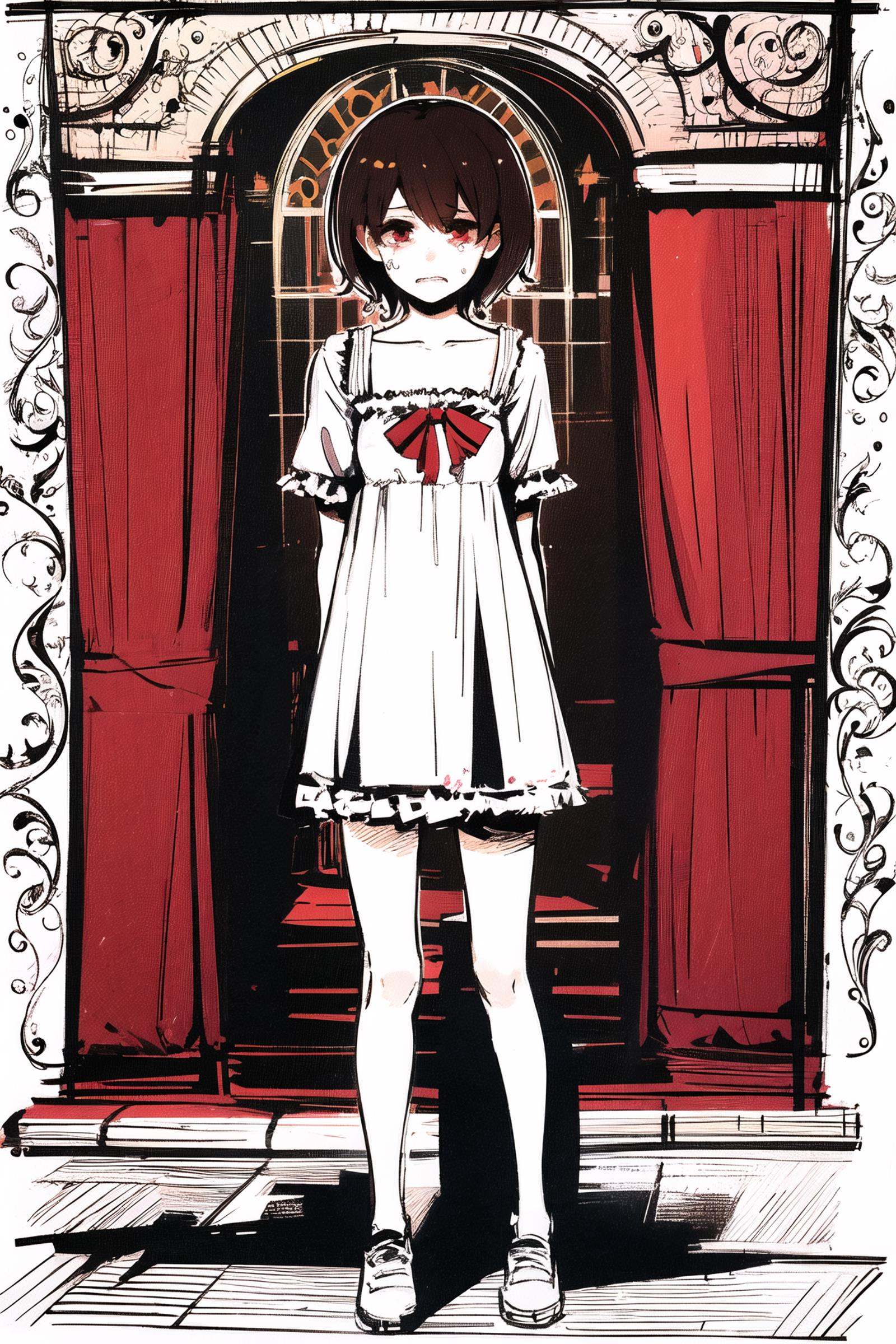 1girl, solo, short hair, tears, hairband, dress, brown hair, standing, white background, red eyes, full body, simple background, crying, <lora:Ishida Sui:0.9>