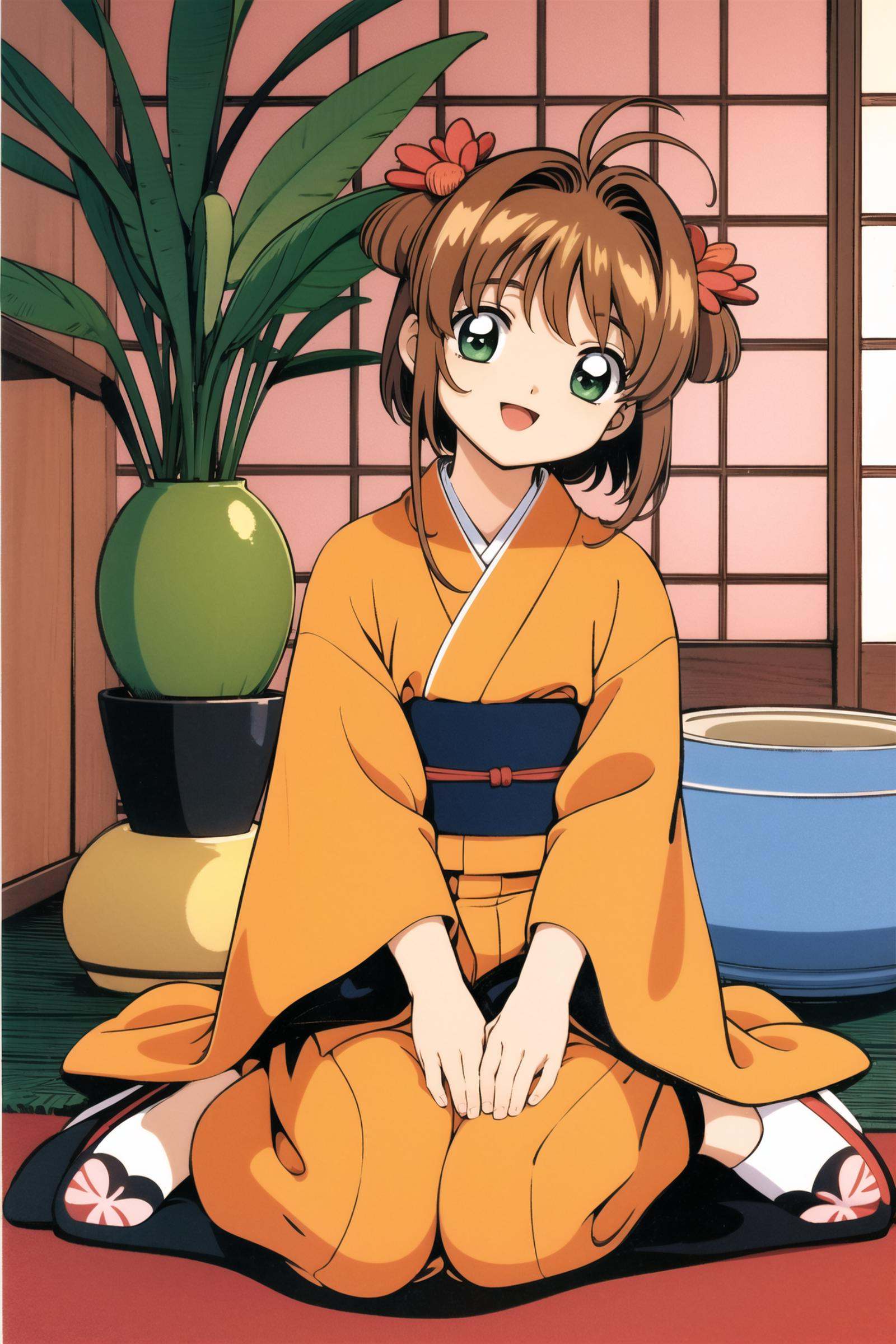 kinomoto sakura, 1girl, japanese clothes, seiza, kimono, brown hair, floral print, flower, vase, long sleeves, obi, green eyes, sitting, sash, 1990s (style), indoors, bangs, antenna hair, short hair, smile, looking at viewer, kero, retro artstyle, hair intakes, hand fan, open mouth, potted plant, print kimono, plant, hair ornament, wide sleeves, full body, solo, head tilt, :d, orange kimono, two side up, zabuton, female child, ribbon, picture frame,   <lora:Card Captor Sakura Anime:0.8>