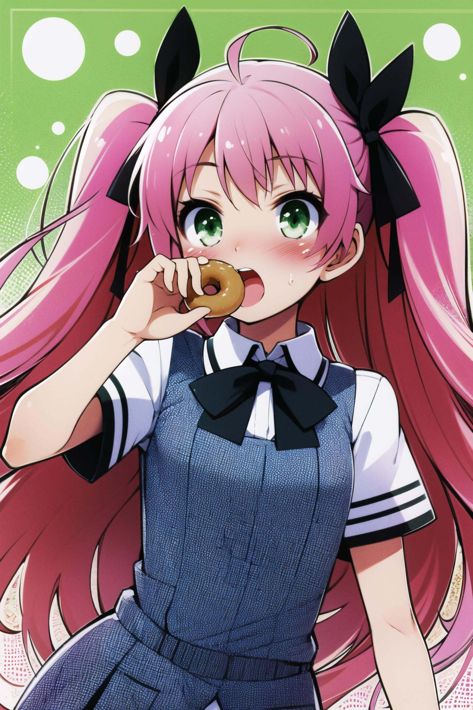 1girl, doughnut, food, green eyes, solo, twintails, pink hair, long hair, open mouth, blush, looking at viewer, ahoge, school uniform, eating, hair ribbon, <lora:Haga yui:0.8>