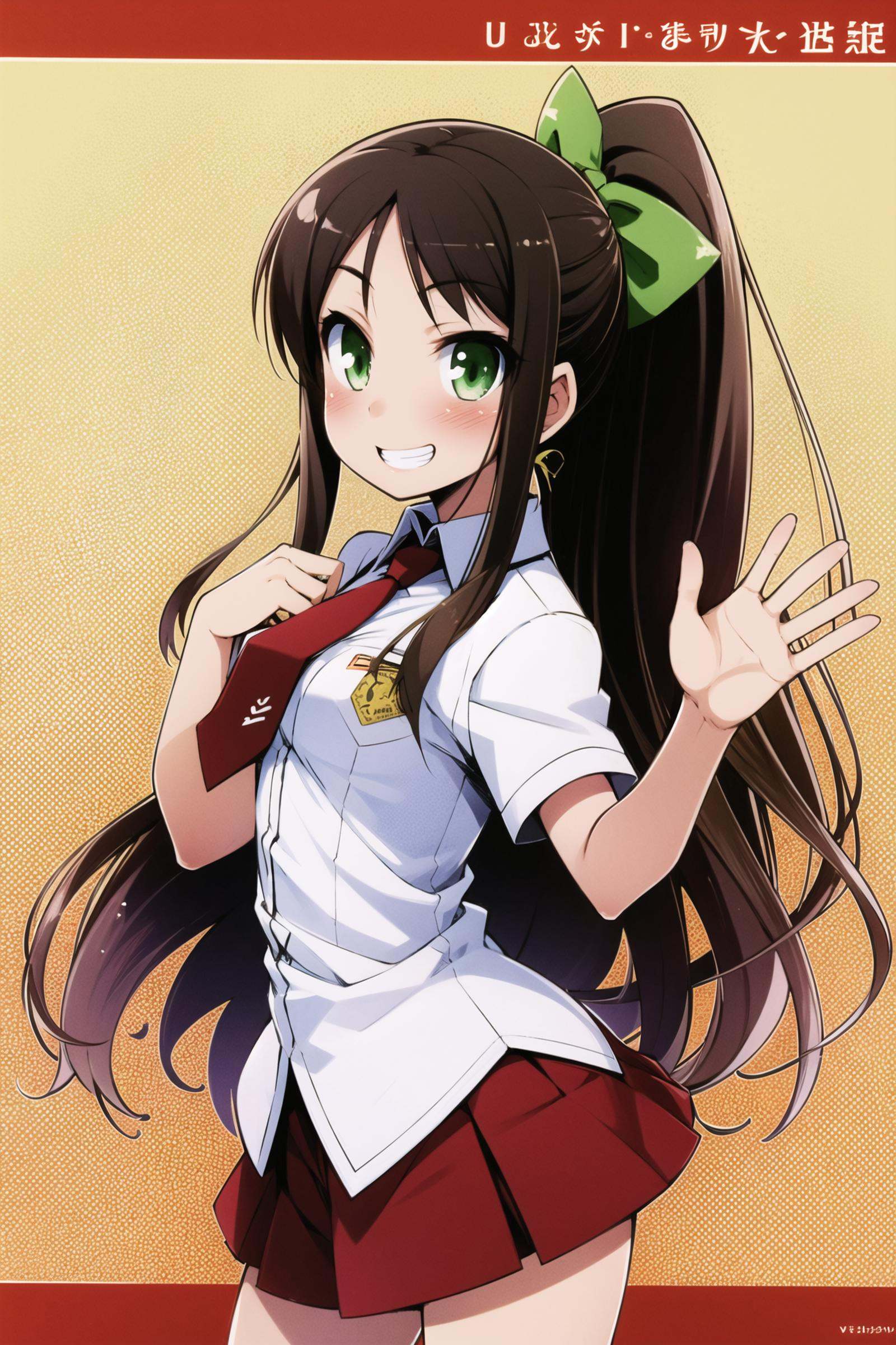 Shimada Minami, 1girl, solo,  green eyes, school uniform, ponytail, brown hair, v, skirt, smile,  grin, blush, necktie,long hair, small breasts,   <lora:Haga yui:0.8>