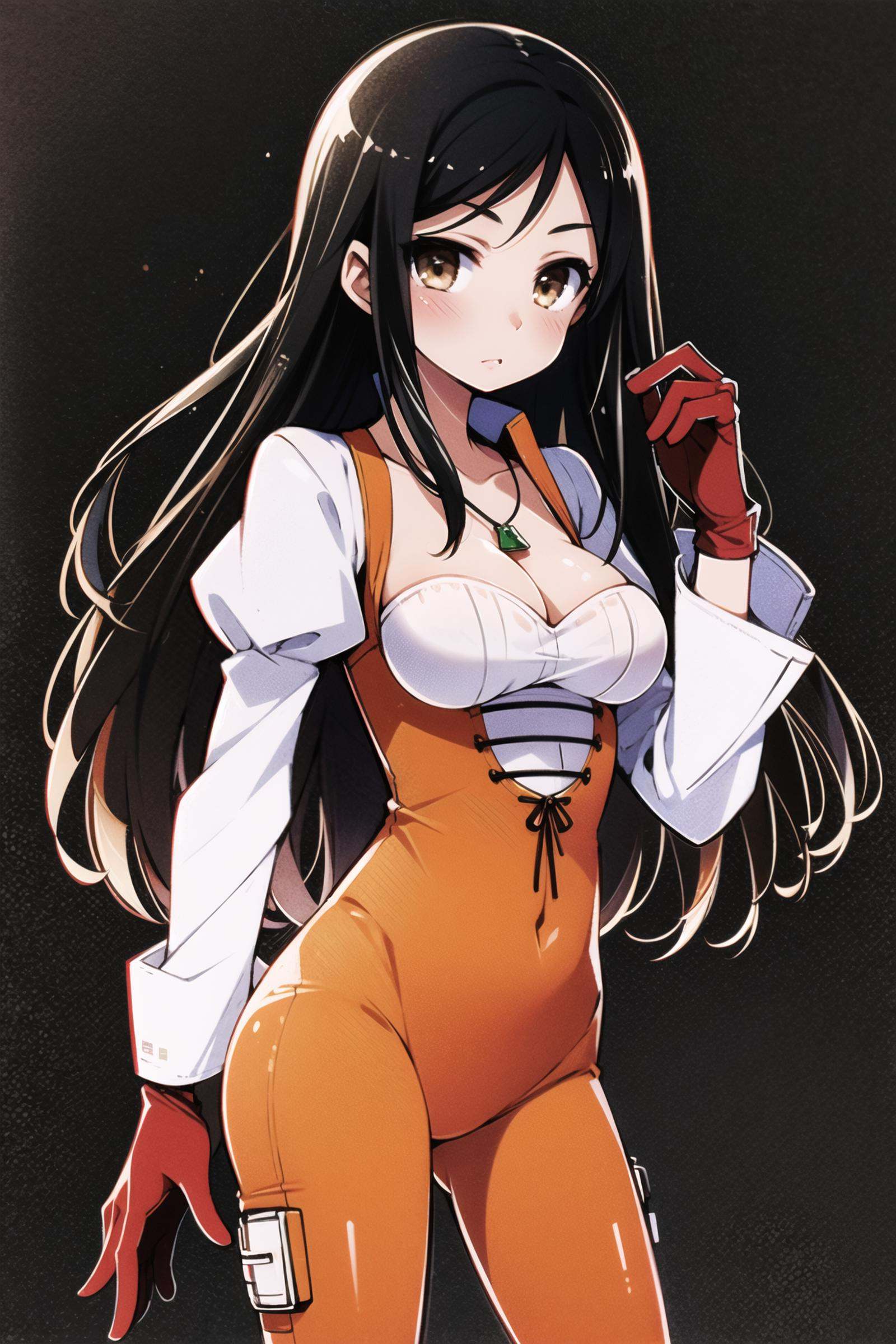 1girl, solo, aagarnet, long hair, black hair, brown eyes, orange bodysuit, cleavage, upper body, red gloves, white sleeves, pendant, shiny, cowboy shot, shiny clothes, standing,simple background,black background,   <lora:Haga yui:0.8>,<lora:garnet_til_alexandros_xvii_v1:0.8>