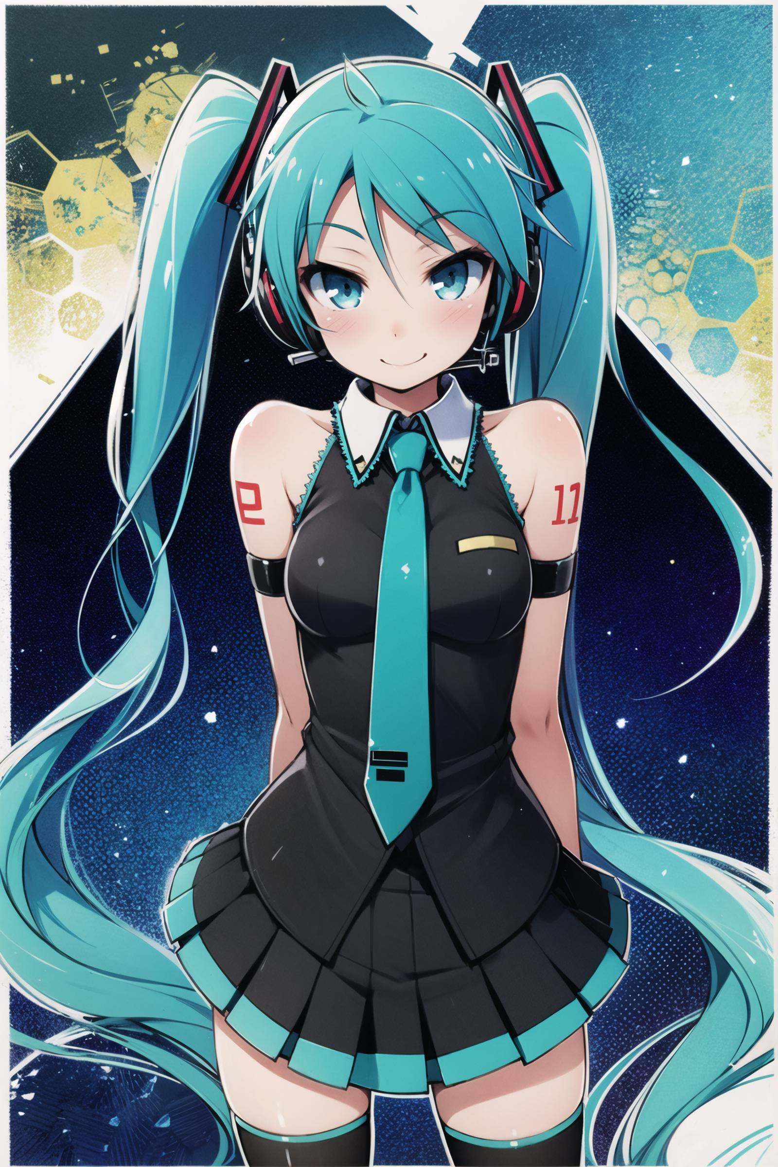 1girl, long hair, solo, hatsune miku, thighhighs, twintails, skirt, detached sleeves, very long hair, necktie, smile, aqua eyes, aqua hair, tattoo, shirt, black thighhighs, sleeveless, zettai ryouiki, black skirt, looking at viewer, headset, sleeveless shirt, hair ornament, pleated skirt, bare shoulders, aqua necktie, headphones, shoulder tattoo, white shirt, standing, black sleeves, miniskirt,   <lora:Haga yui:0.8>