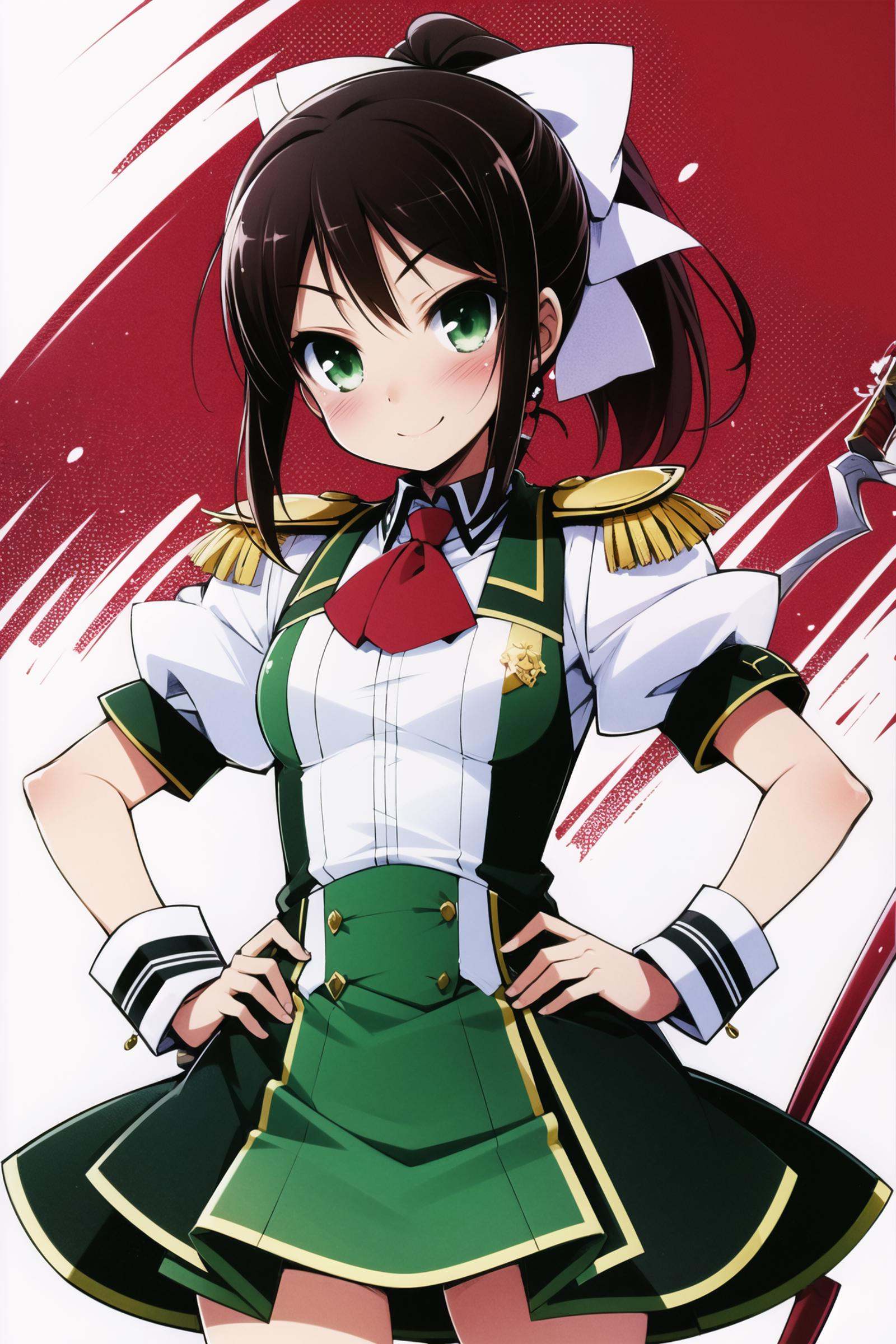 Shimada Minami, 1girl, rapier, solo, green eyes, sword, brown hair, weapon, ponytail, smile, hand on hip, blush, epaulettes, hair bow, bow, ascot, uniform, looking at viewer, white background,   <lora:Haga yui:0.8>