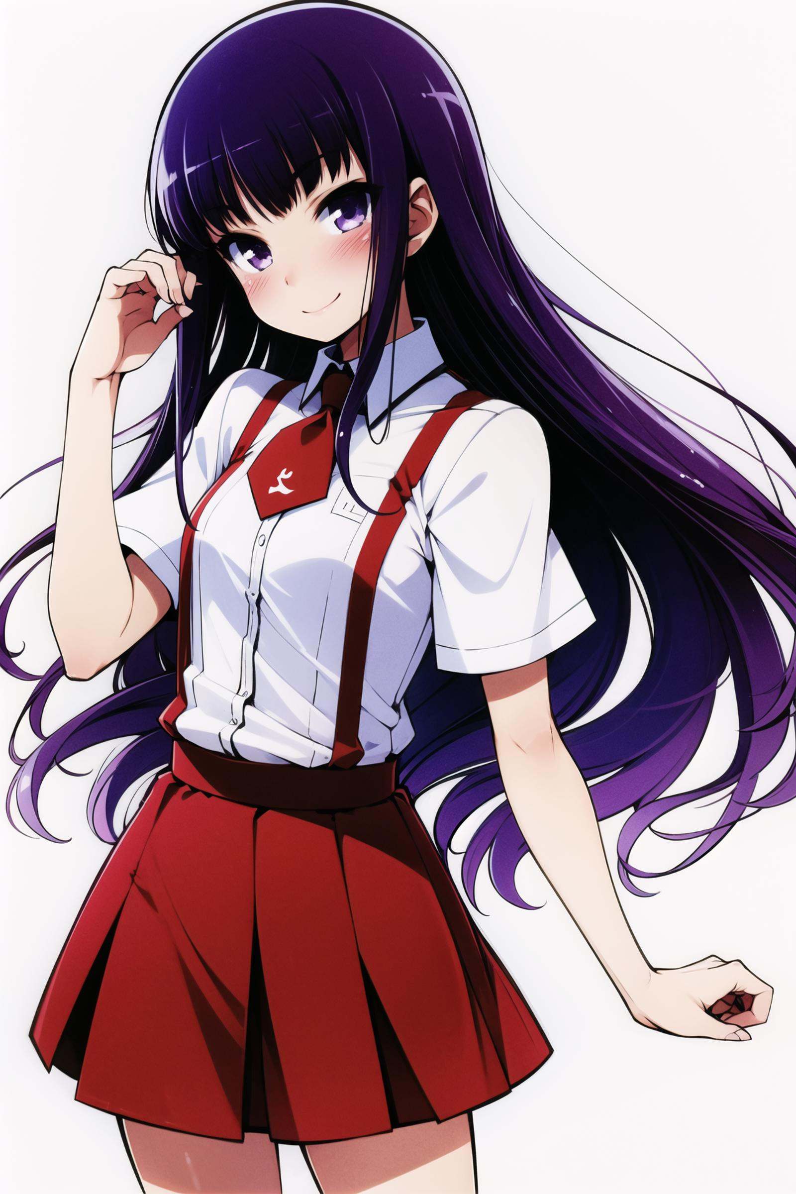 Kirishima Shouko, 1girl, solo, long hair, school uniform, red skirt, purple hair, red necktie,blush,  smile, purple eyes, simple background, white background, <lora:Haga yui:0.8>