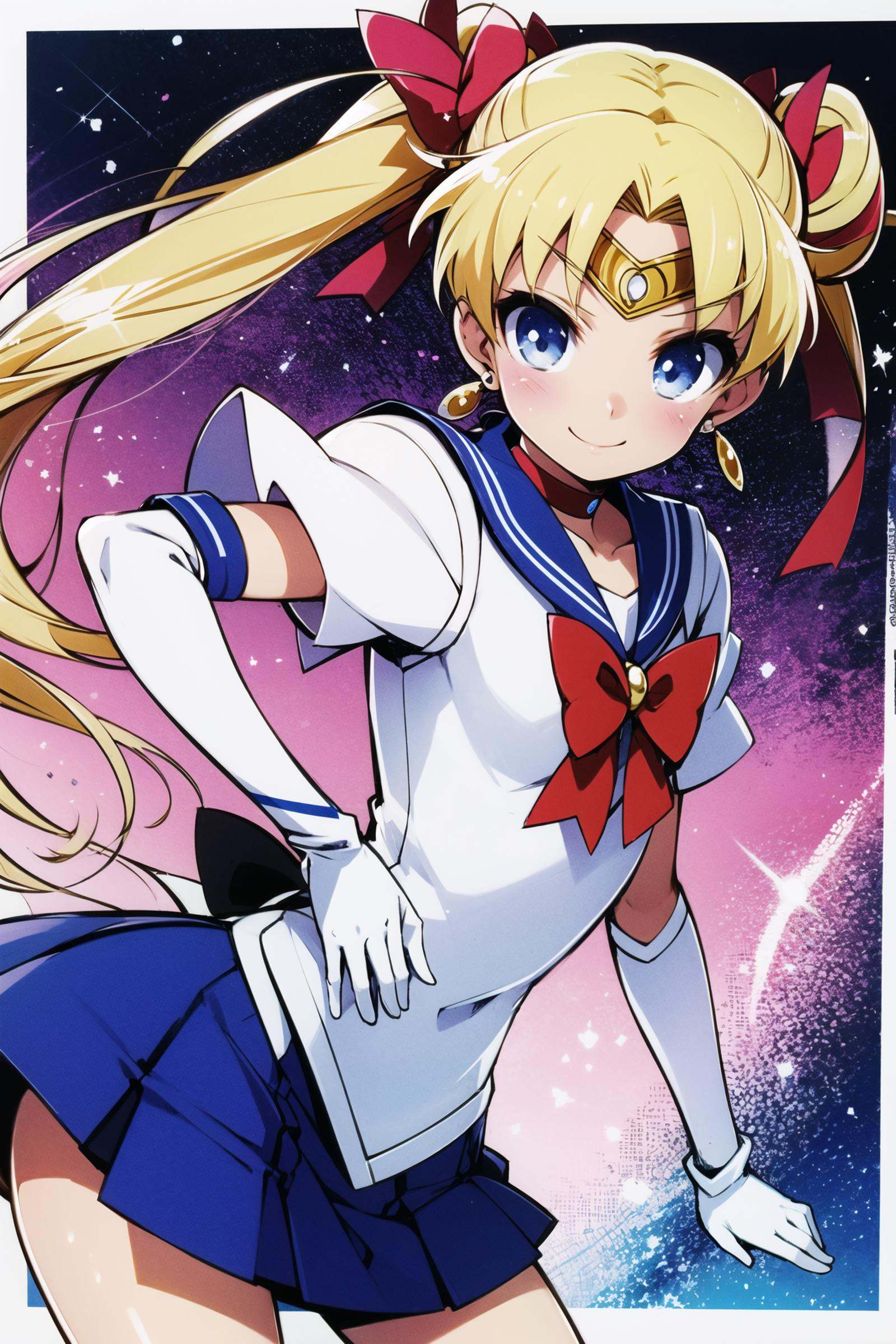 1girl, solo, blonde hair, tsukino usagi, sailor moon, sailor senshi uniform, long hair, blue sailor collar, gloves, blue eyes, skirt, bow, twintails, red bow, blue skirt, magical girl, sailor collar, choker, double bun, elbow gloves, hair bun, white gloves, back bow, jewelry, tiara, red choker, smile, crescent, hand on hip, earrings, pleated skirt,   <lora:Haga yui:0.8>