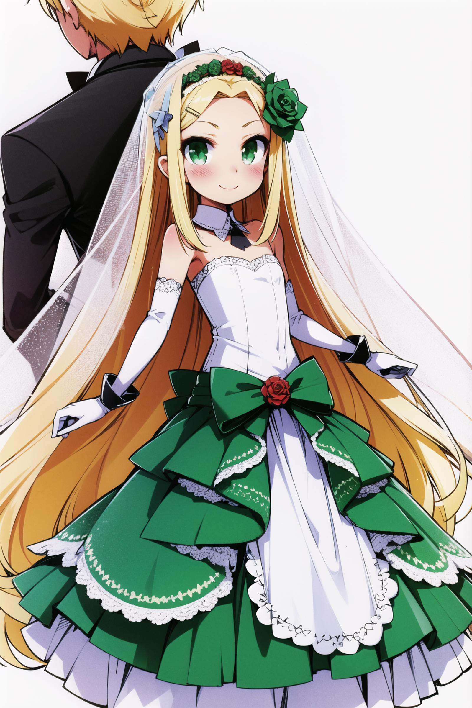 Astarotte Ygvar, 1girl, solo, bouquet, blonde hair, long hair, green eyes, tail, flower, dress, wedding dress, pantyhose, smile, veil, demon tail, gloves, hair ornament, elbow gloves, bridal veil, blush, simple background, rose, white pantyhose,   <lora:Haga yui:0.8>