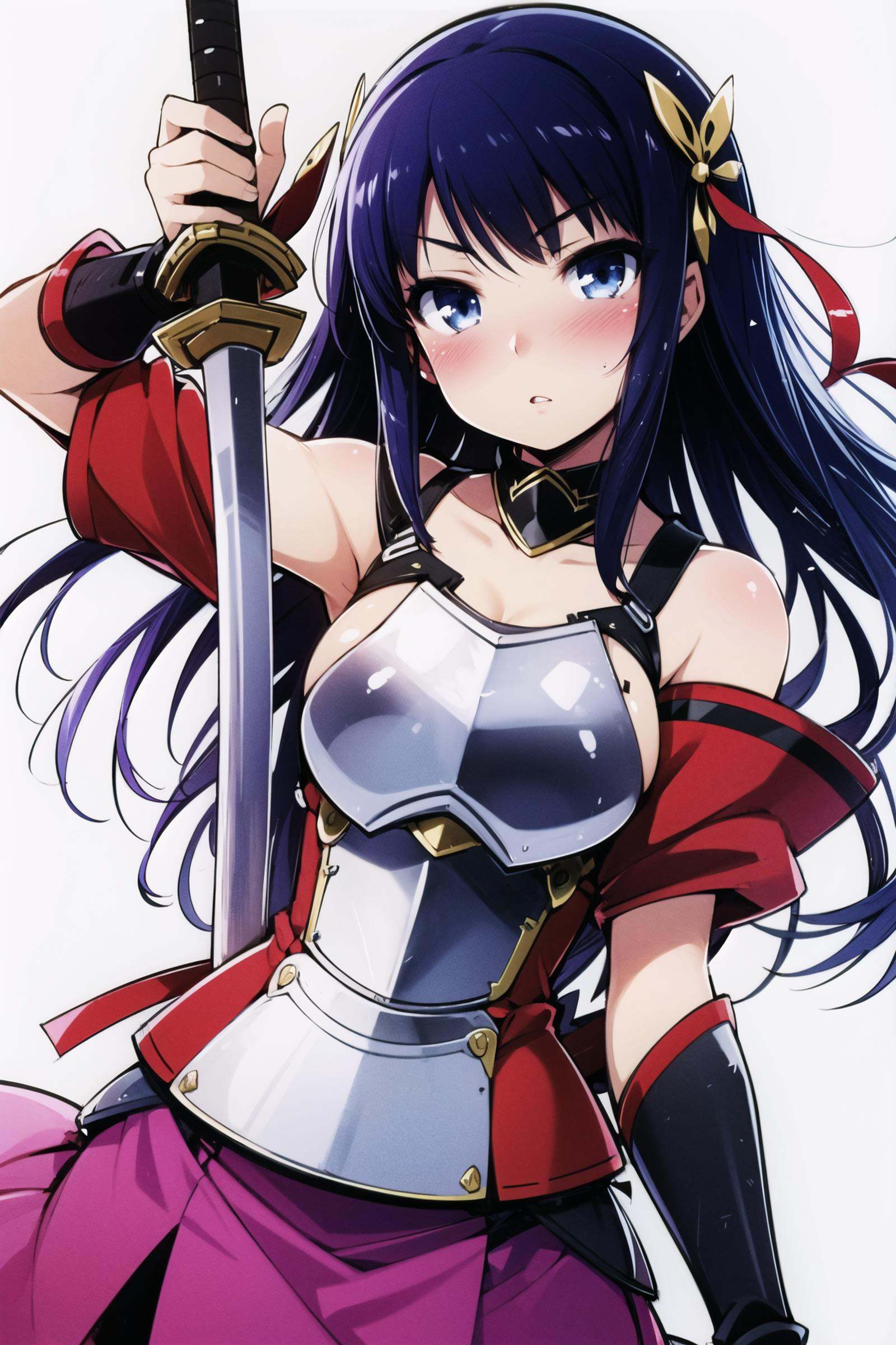 Kirishima Shouko, 1girl, solo, weapon, armor, sword, long hair, unsheathing, katana, hair ornament, sheath, skirt, blue eyes, blush, japanese armor, blue hair, breastplate, purple hair, holding, white background, bare shoulders, ribbon, <lora:Haga yui:0.8>