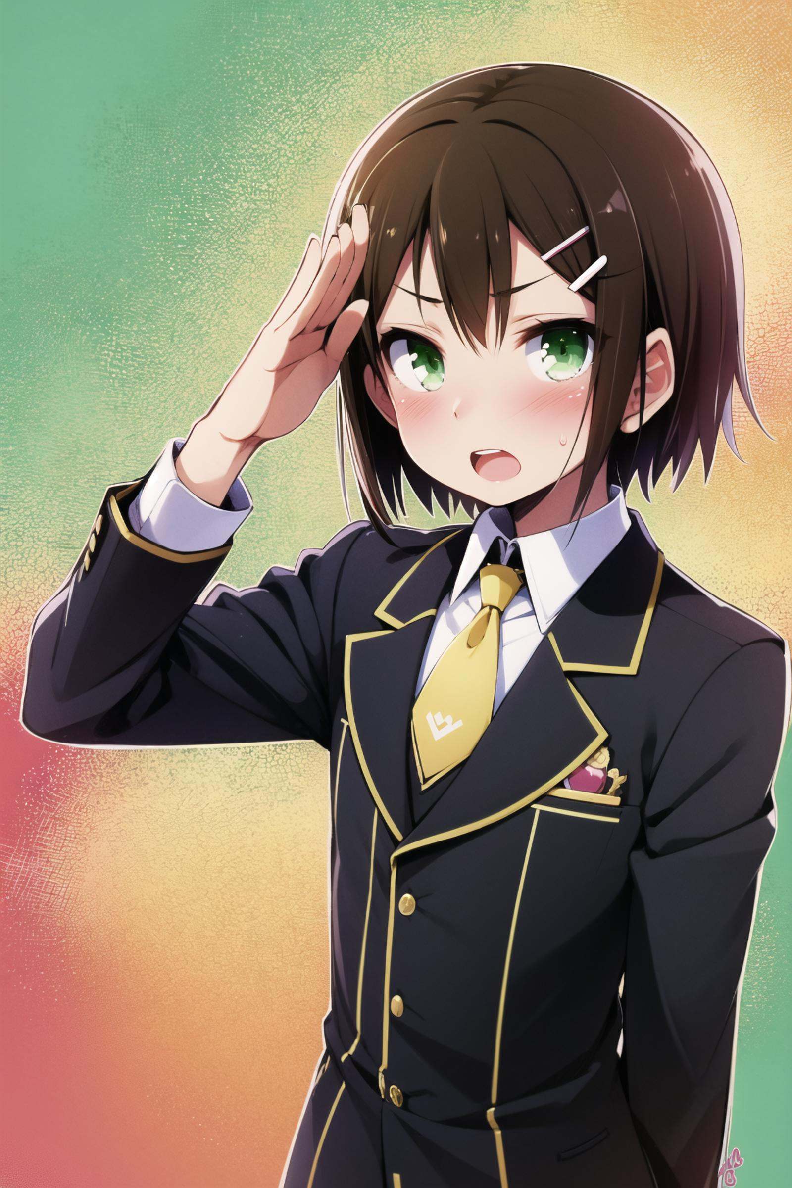 Kinoshita Hideyoshi, solo, 1boy, school uniform, green eyes, male focus,brown hair, hair ornament, necktie, blush, hairclip, salute, short hair, hand on hip, open mouth, androgynous, <lora:Haga yui:0.8>