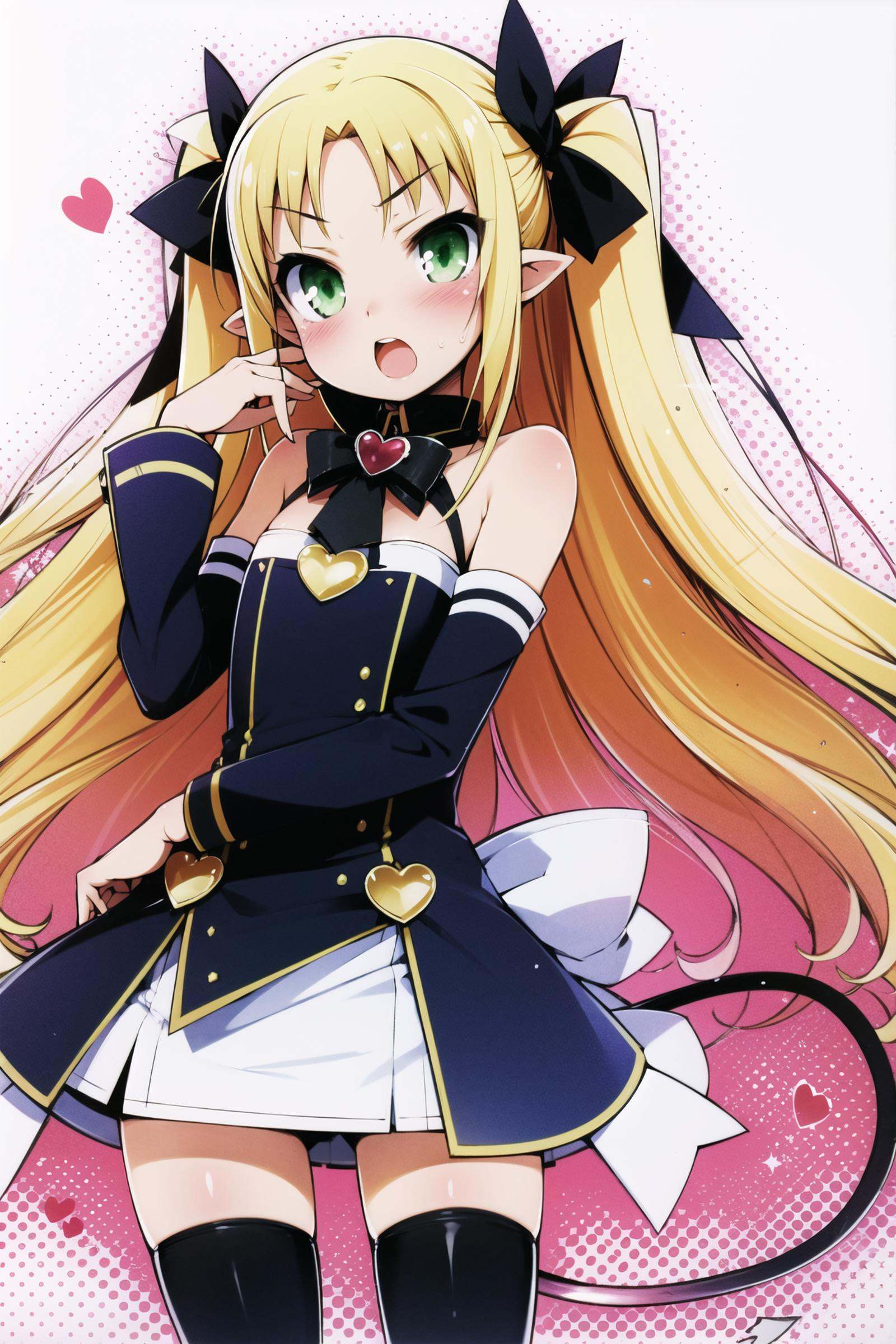 Astarotte Ygvar, 1girl, solo, tail, blonde hair, green eyes, demon tail, long hair, thighhighs, detached sleeves, pointy ears, twintails, zettai ryouiki, blush, ribbon, heart, bare shoulders, white thighhighs, open mouth, hair ribbon, two side up, <lora:Haga yui:0.8>