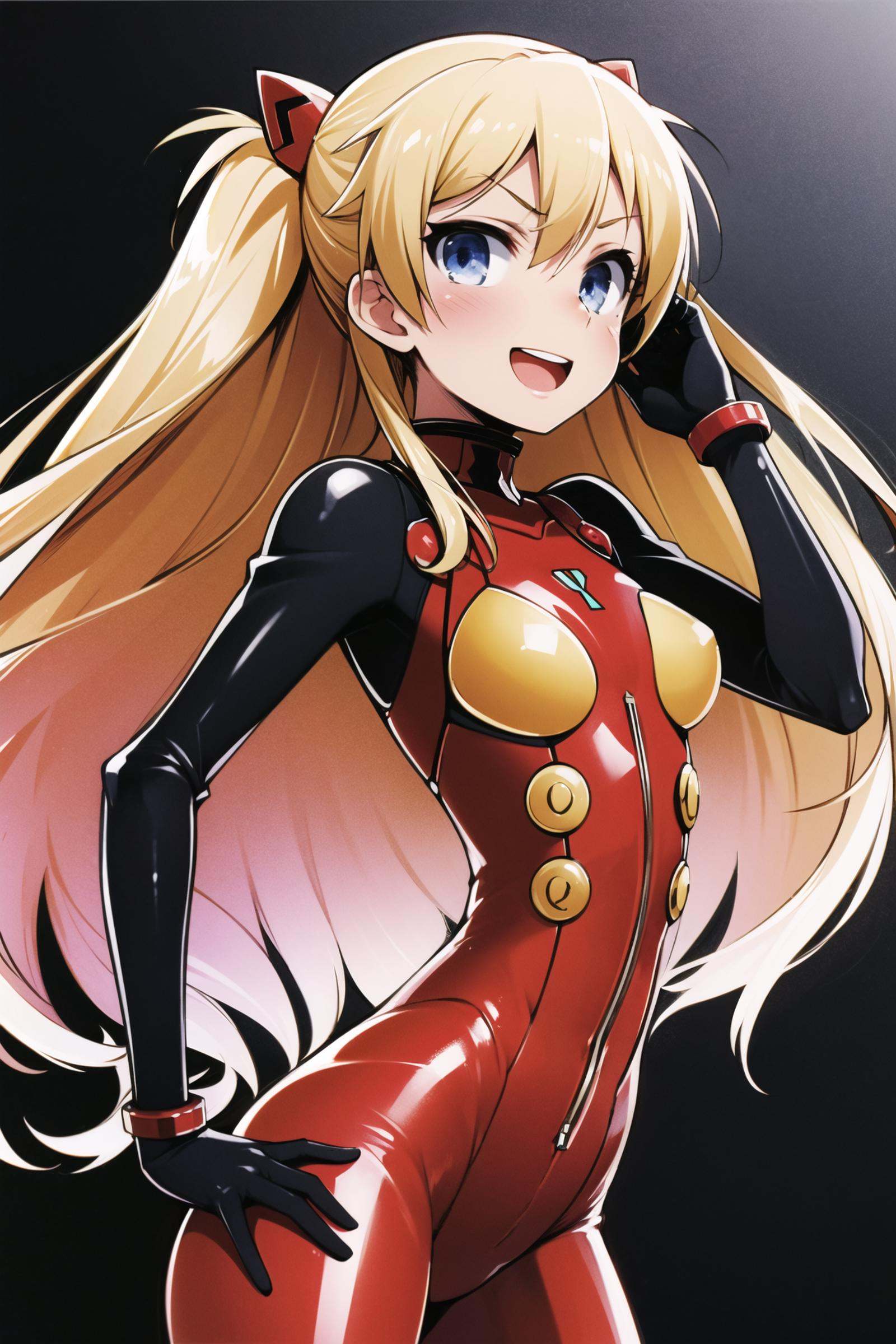 1girl, long hair, plugsuit, bodysuit, souryuu asuka langley, pilot suit, bracer, blue eyes, smile, open mouth, breasts, bangs, turtleneck, solo, cowboy shot, :d, hair between eyes, gloves, (red bodysuit:1.5), small breasts,looking at viewer, headgear, two side up, hand on hip, skinny, adjusting hair, narrow waist, standing, brown hair, science fiction,hand up, shiny clothes, hair ornament, happy, from side, shiny, skin tight, (simple background:1.5), (black background:1.5),   <lora:Haga yui:0.8>