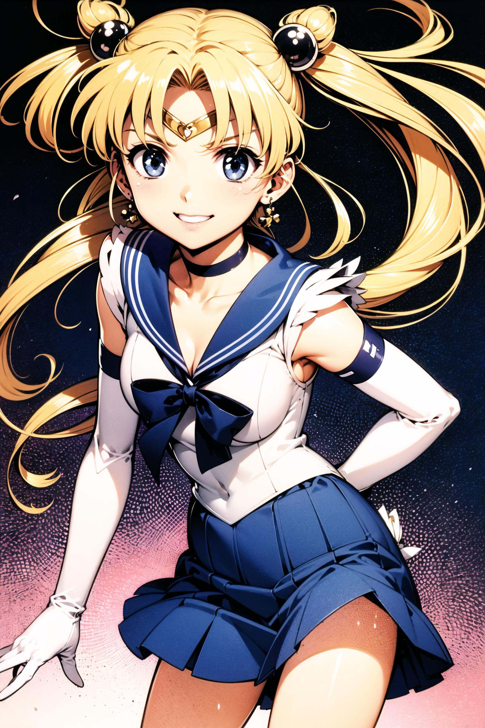 1girl, solo, blonde hair, tsukino usagi, sailor moon, sailor senshi uniform, long hair, blue sailor collar, gloves, blue eyes, skirt, bow, twintails, red bow, blue skirt, magical girl, sailor collar, choker, double bun, elbow gloves, hair bun, white gloves, back bow, jewelry, tiara, red choker, smile, crescent, hand on hip, earrings, pleated skirt,<lora:Moriyama Daisuke_v2:0.8>