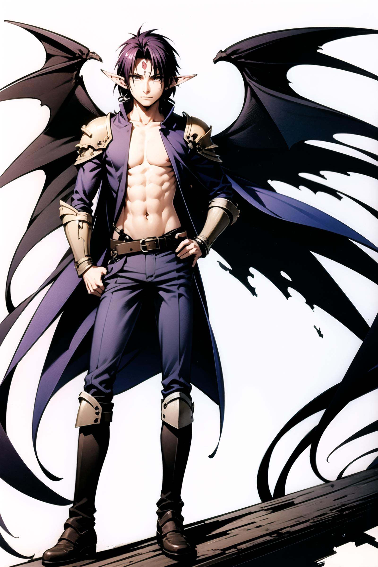solo, 1boy, BChrno, male focus, pointy ears, wings, full body, standing, belt, pants, boots, white background, black hair, black wings, looking at viewer, simple background, facial mark, buckle, navel, armor, arm at side, long sleeves, black footwear, jewelry, closed mouth, forehead mark, purple hair, open clothes,  <lora:Moriyama Daisuke_v2:0.9>