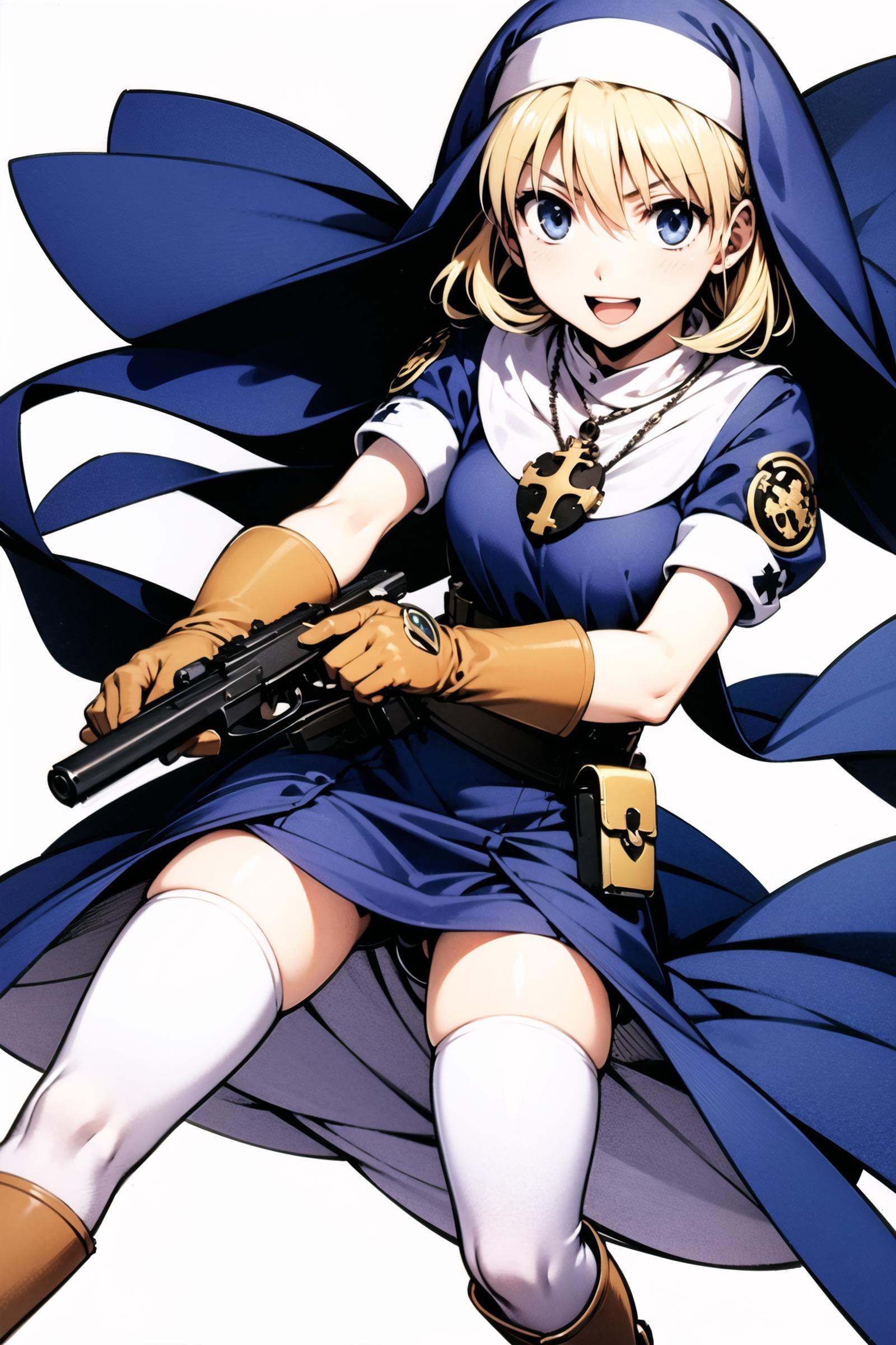 Rosette Christopher, 1girl, solo, blonde hair, weapon, gun, holding, thighhighs, nun, blue eyes, dual wielding, gloves, handgun, cross, habit, jewelry, open mouth, white thighhighs, white background, boots, necklace, simple background, smile, holding weapon, pendant watch, holding gun, holster, :d,   <lora:Moriyama Daisuke_v2:0.8>