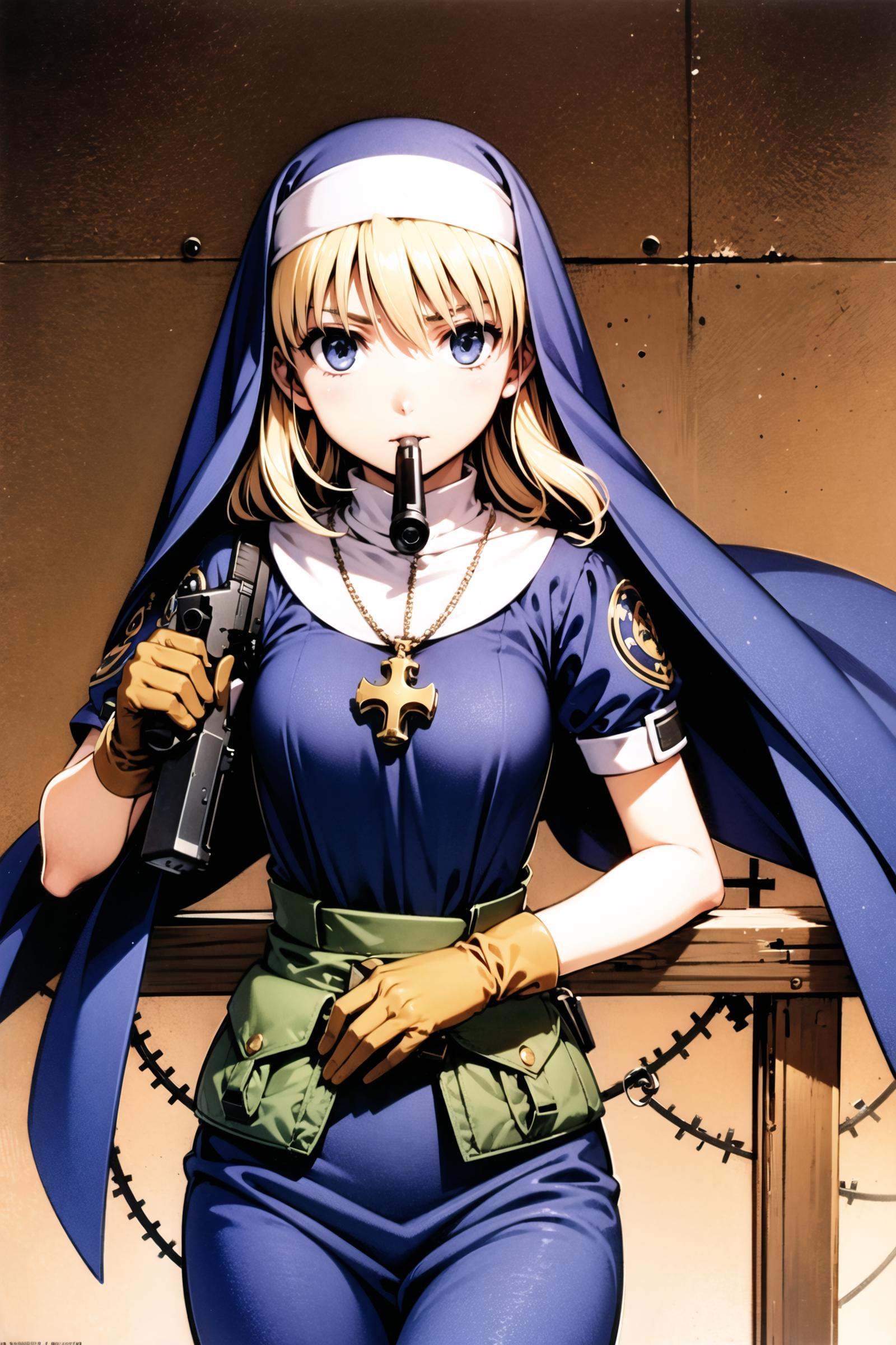 Rosette Christopher, 1girl, solo, gun, weapon, blonde hair, blue eyes, handgun, cross, gloves, gears, mouth hold, nun, holding, necklace, jewelry, habit, book,  <lora:Moriyama Daisuke_v2:0.8>