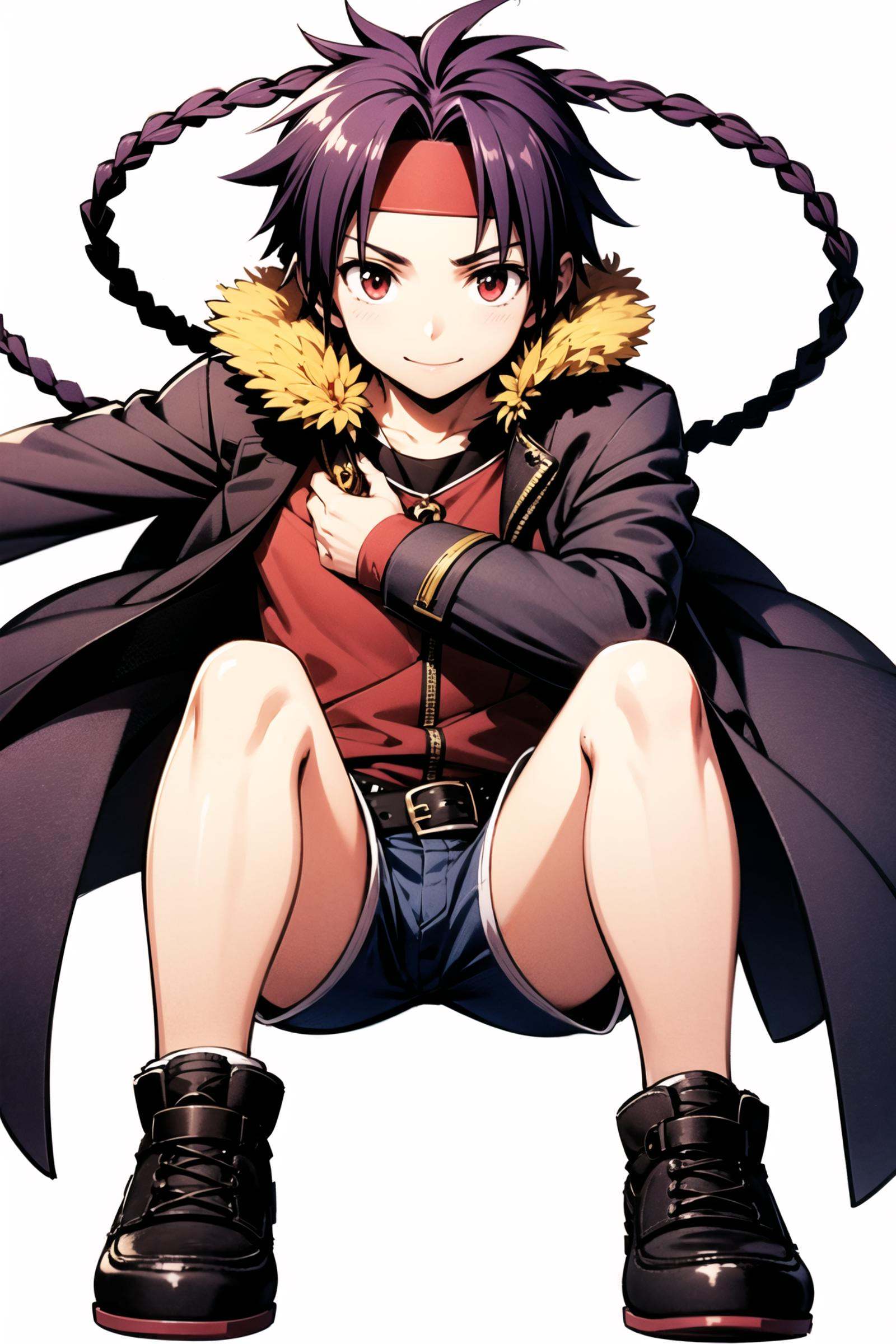 AChrno, solo, 1boy, short hair, male focus, red eyes, coat, shorts, headband, shoes, purple hair, full body, white background, smile, pants, single braid, bow, ribbon, simple background, belt,  <lora:Moriyama Daisuke_v2:0.8>