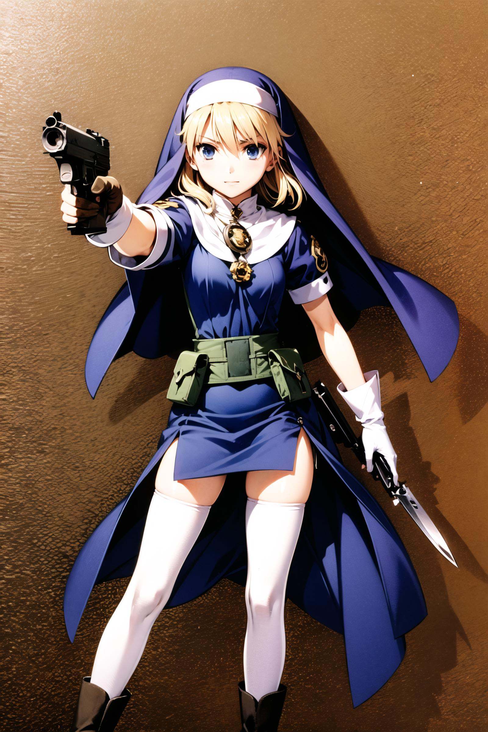 Rosette Christopher, 1girl, solo, blonde hair, weapon, thighhighs, gun, blue eyes, nun, habit, knife, gloves, boots, white thighhighs, handgun,  <lora:Moriyama Daisuke_v2:0.8>