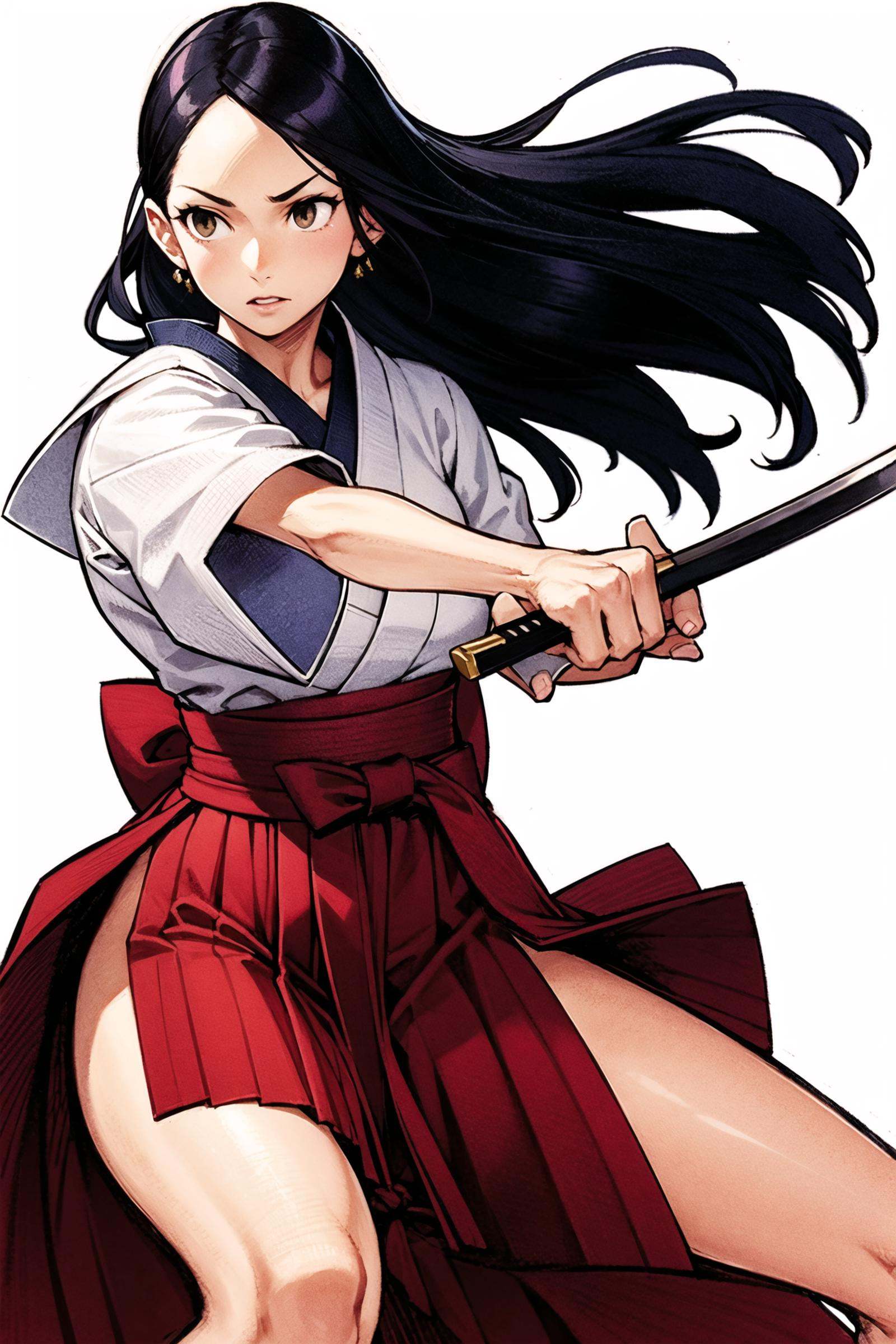 1girl, solo, weapon, sword, japanese clothes, hakama, hakama skirt, hair rings, sheath, fighting stance, red hakama, skirt, brown eyes, unsheathing, ready to draw, long hair, katana, white background, black hair,  <lora:Kinu Nishimura:0.8>