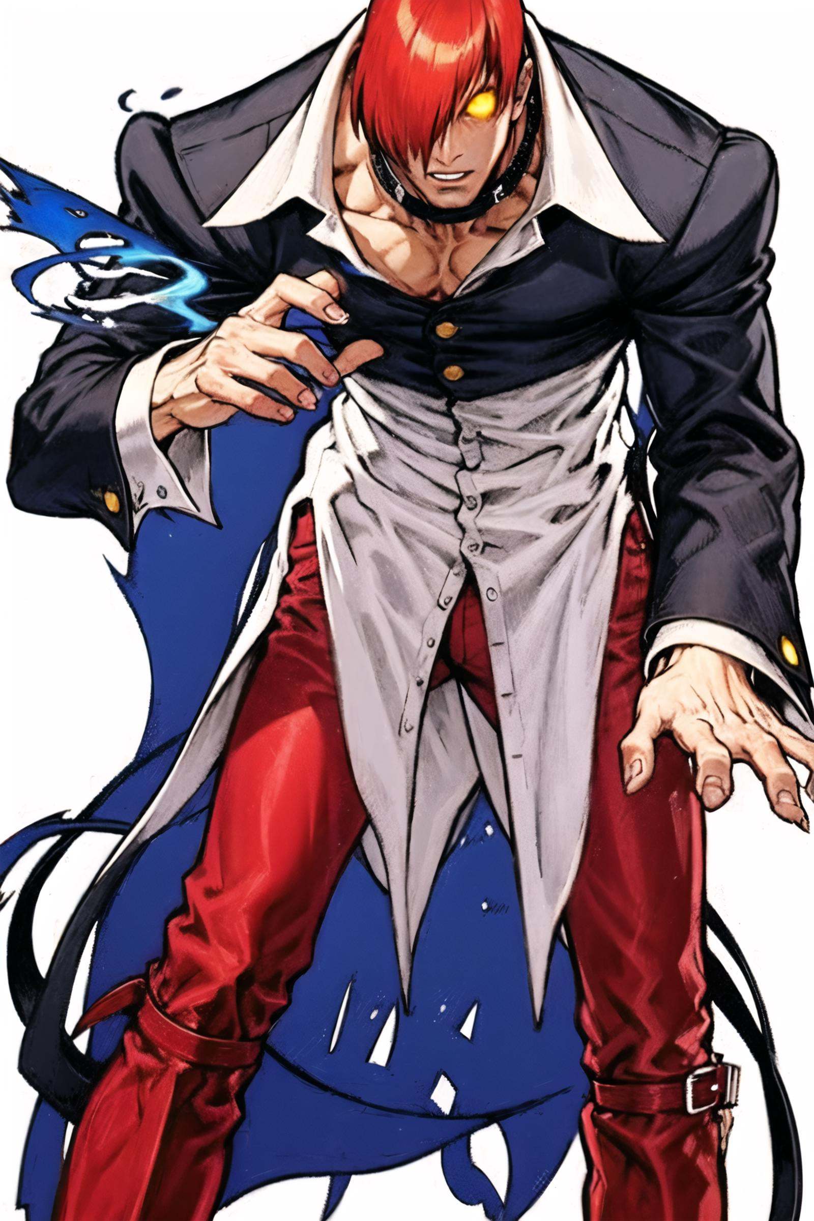 1boy, solo, male focus, red hair, red pants, hair over one eye, yellow eyes, simple background, pants, collar, white background, jacket, claws, fingernails, glowing, choker, glowing eye, standing, long sleeves, full body,  <lora:Kinu Nishimura:0.8>,  <lora:IoriYagami:0.6>