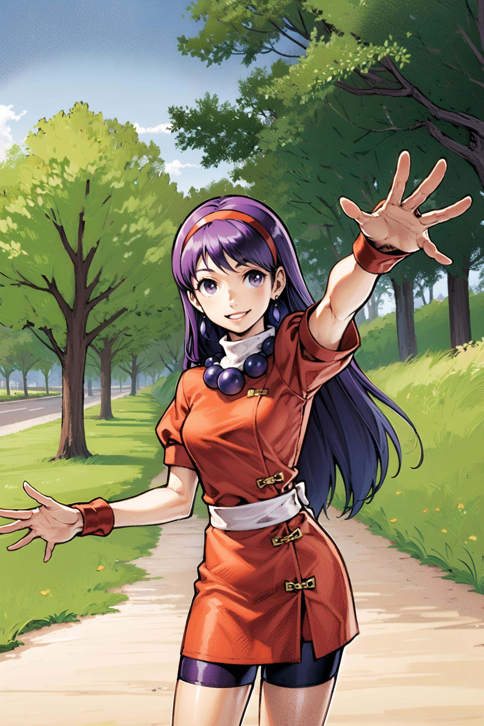 aa1, purple hair, long hair, hairband, long hair, necklace, bike shorts, earrings, (red dress:1.5), medium breasts, puffy short sleeves, white sleeves, wristband, cowboy shot, smile, waving, outdoors,  <lora:Kinu Nishimura:0.8>,  <lora:asamiya_athena:0.6>