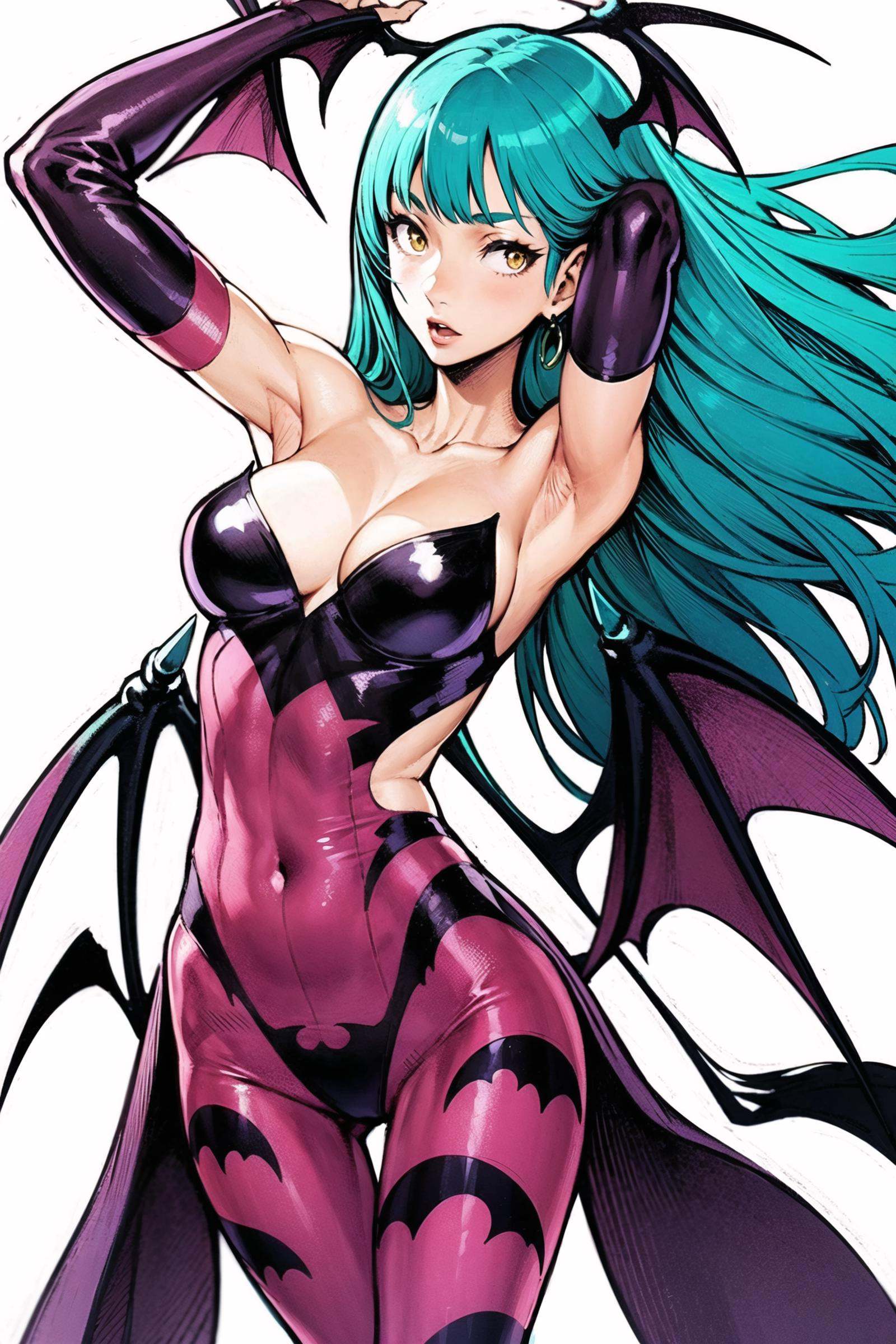 1girl, solo, morrigan aensland, pantyhose, print legwear, head wings, animal print, breasts, long hair, bat print, wings, leotard, large breasts, demon girl, cleavage, purple wings, bat wings, armpits, gloves, yellow eyes, heart cutout, arms up, aqua hair, elbow gloves, white background, simple background, clothing cutout, purple pantyhose, adjusting hair,  <lora:Kinu Nishimura:0.8>