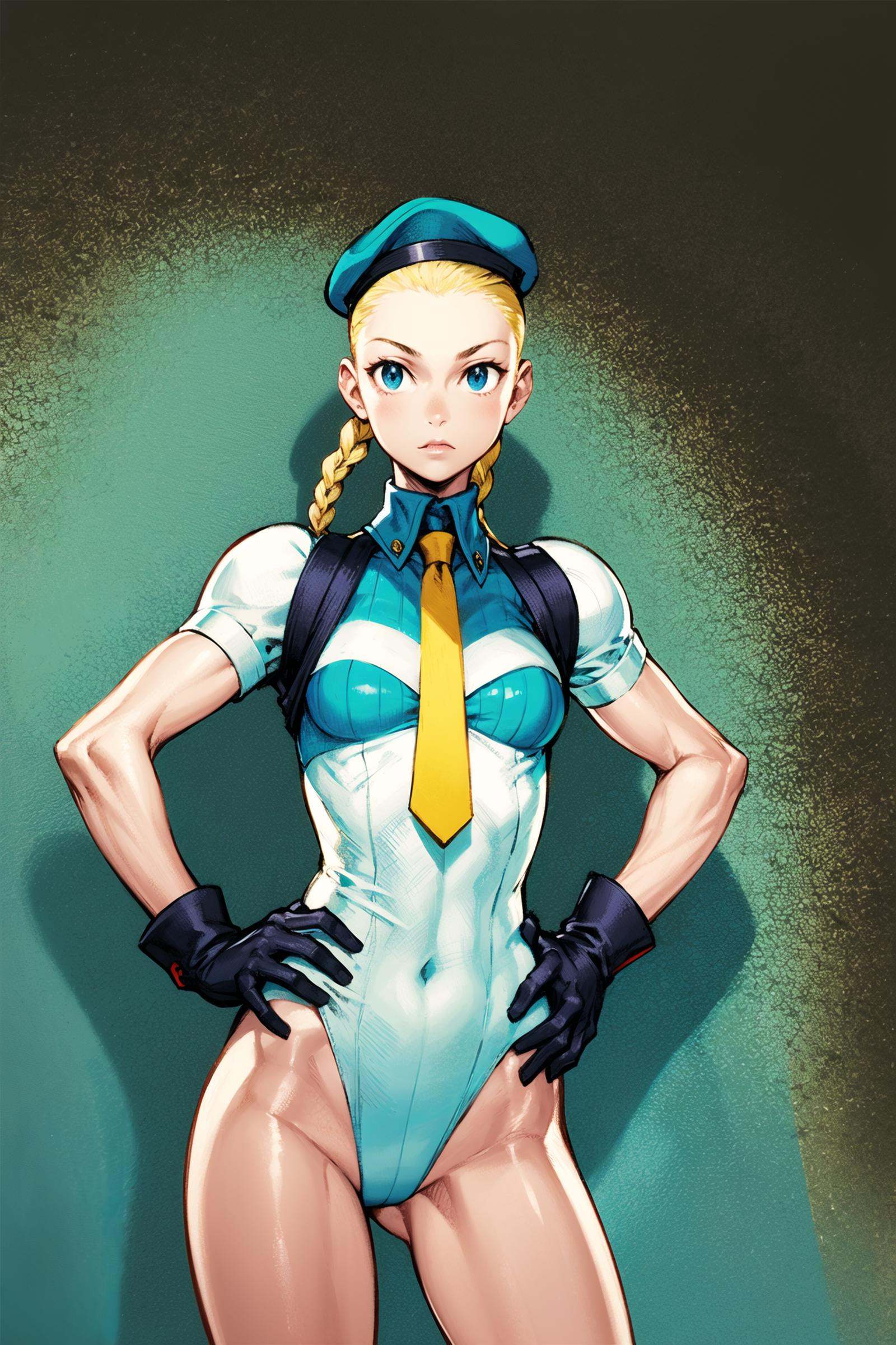 1girl, solo, cammy white, garrison cap, blonde hair, leotard, blue leotard, braid, twin braids, gloves, necktie, long hair, ribbed leotard, blue eyes, scar, hand on hip,  <lora:Kinu Nishimura:0.8>