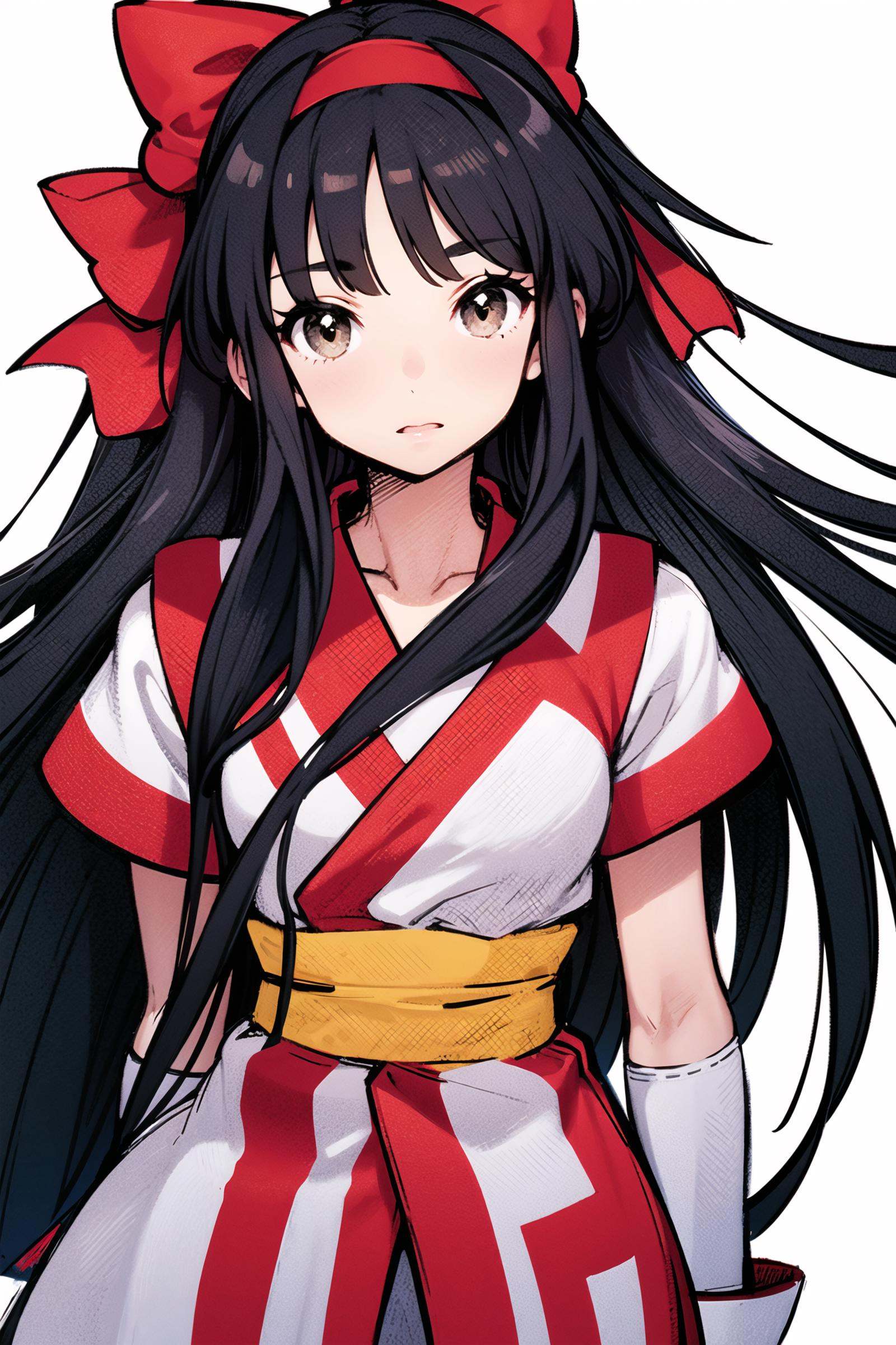 1girl, solo, long hair, bow, red bow, black hair, hair bow, ainu clothes, gloves, fingerless gloves, hairband, white background,brown eyes,upper body,    <lora:Kinu Nishimura:0.8>, <lora:NAKORURU:0.6>