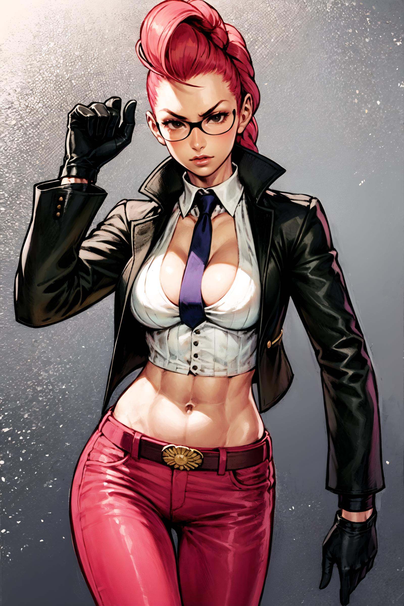 cowboy shot, 1girl, cviperms, breasts, sunglasses, necktie, gloves, necktie between breasts, cleavage, crop top, midriff, tinted eyewear, pants,,  <lora:Kinu Nishimura:0.8>,  <lora:Crimson Viper:0.6>