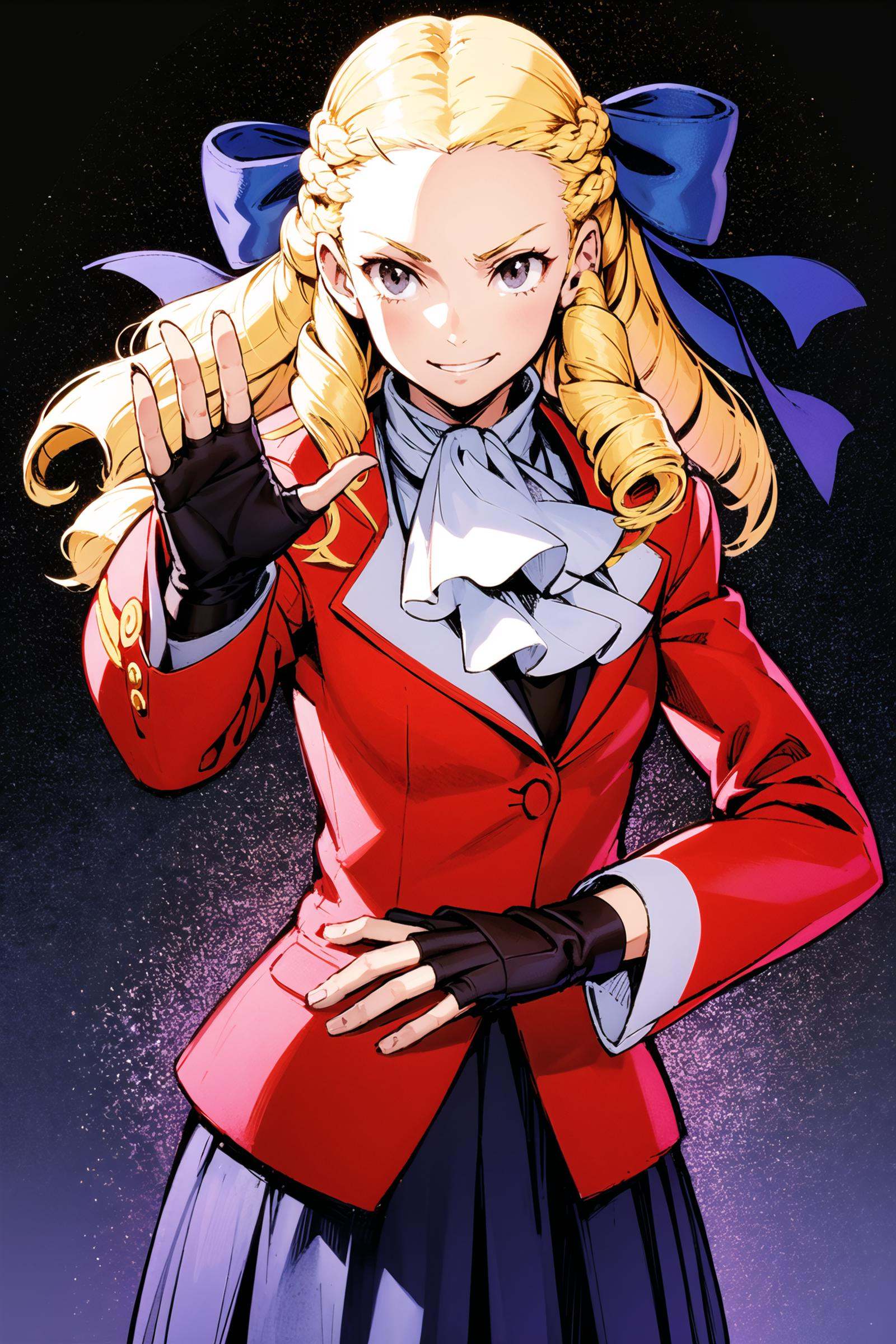 1girl, sfkarin, hair bow, ascot, red jacket, long sleeves, frilled skirt, fingerless gloves, looking at viewer, smug, smile, furrowed brow, standing, upper body, fighting stance, portrait, gradient background, night sky, solo, bokeh,<lora:Kinu Nishimura:0.8>,  <lora:Karin Kanzuki:0.6>