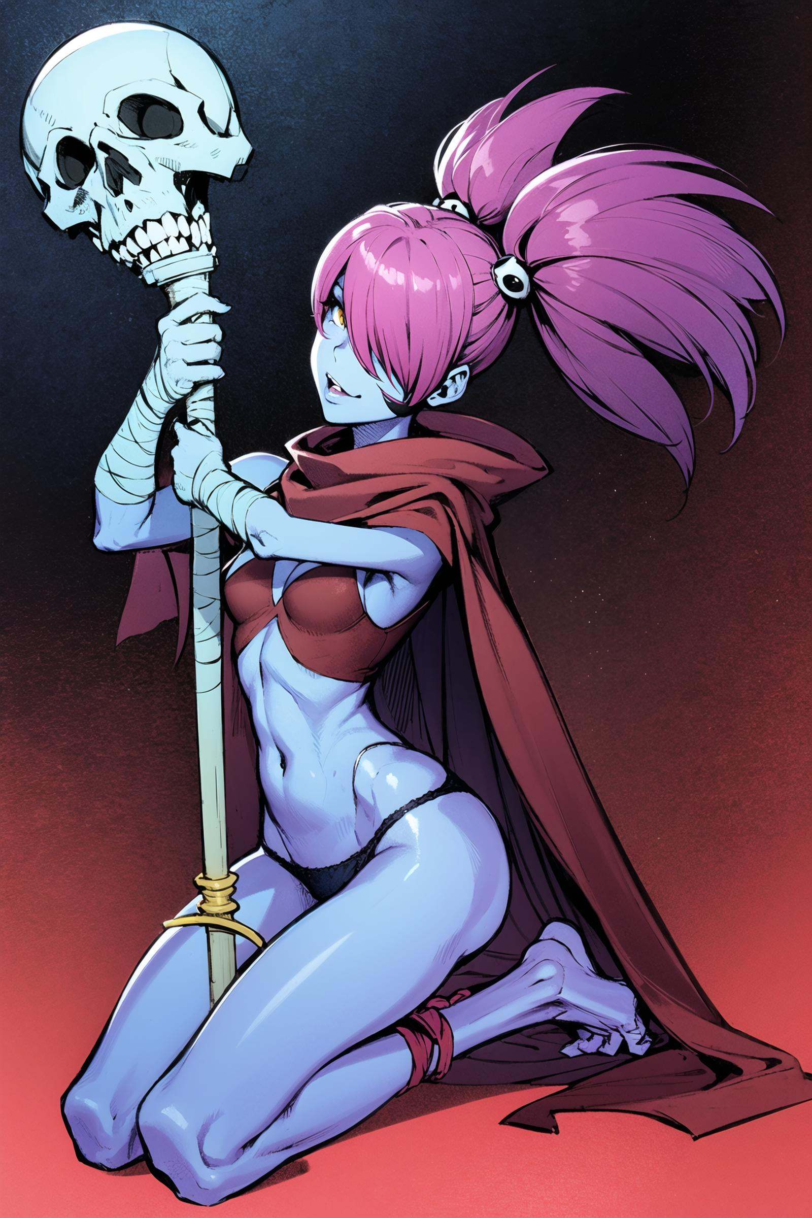 1girl, skull, staff, twintails, solo, panties, underwear, pink hair, colored skin, zombie, hair over one eye, bandages, bone, blue skin, long hair, cape, barefoot, yellow eyes,  <lora:Kinu Nishimura:0.8>