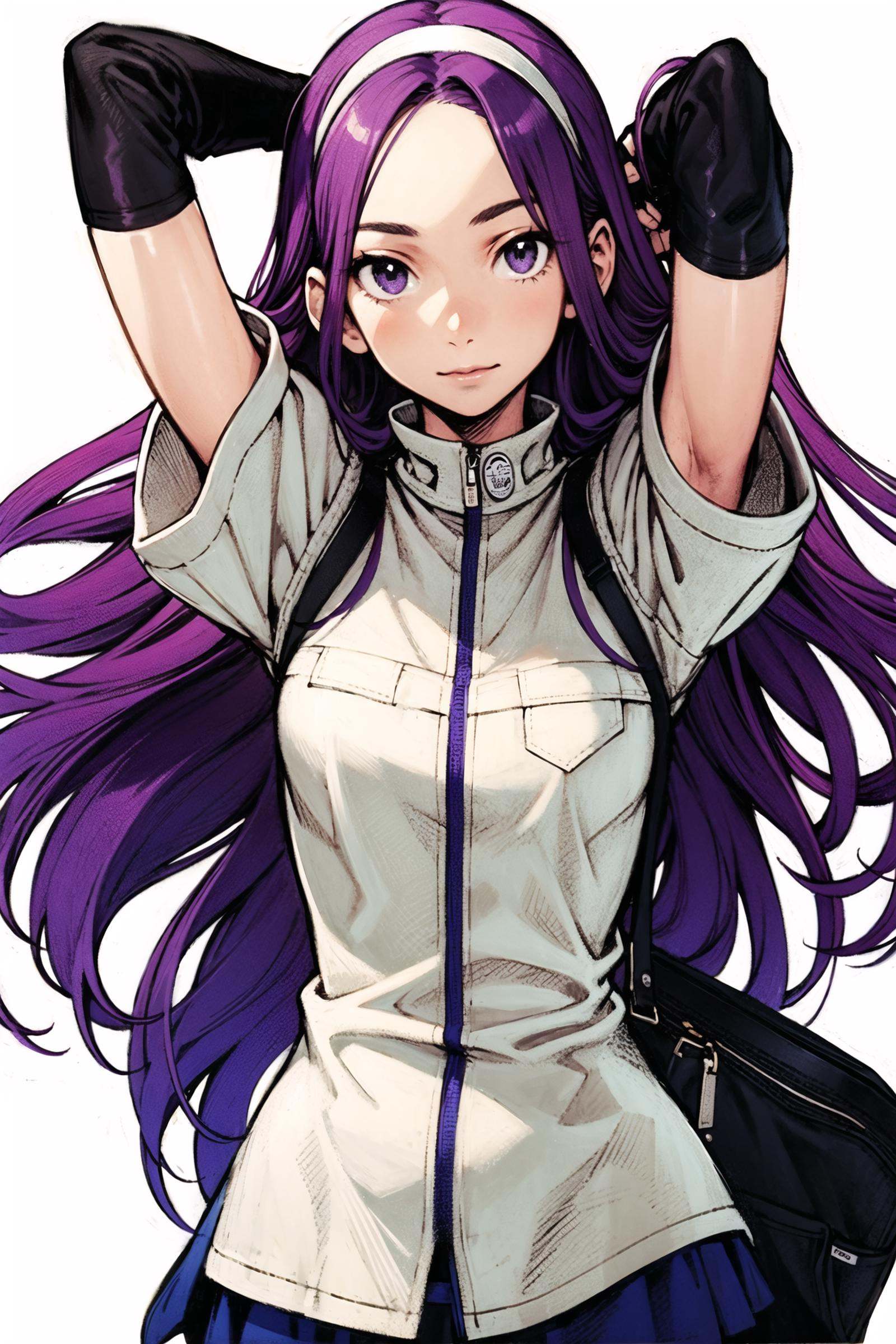 solo, 1girl, purple hair, gloves, fingerless gloves, hairband, long hair, white background, simple background, arms up,    <lora:Kinu Nishimura:0.8>