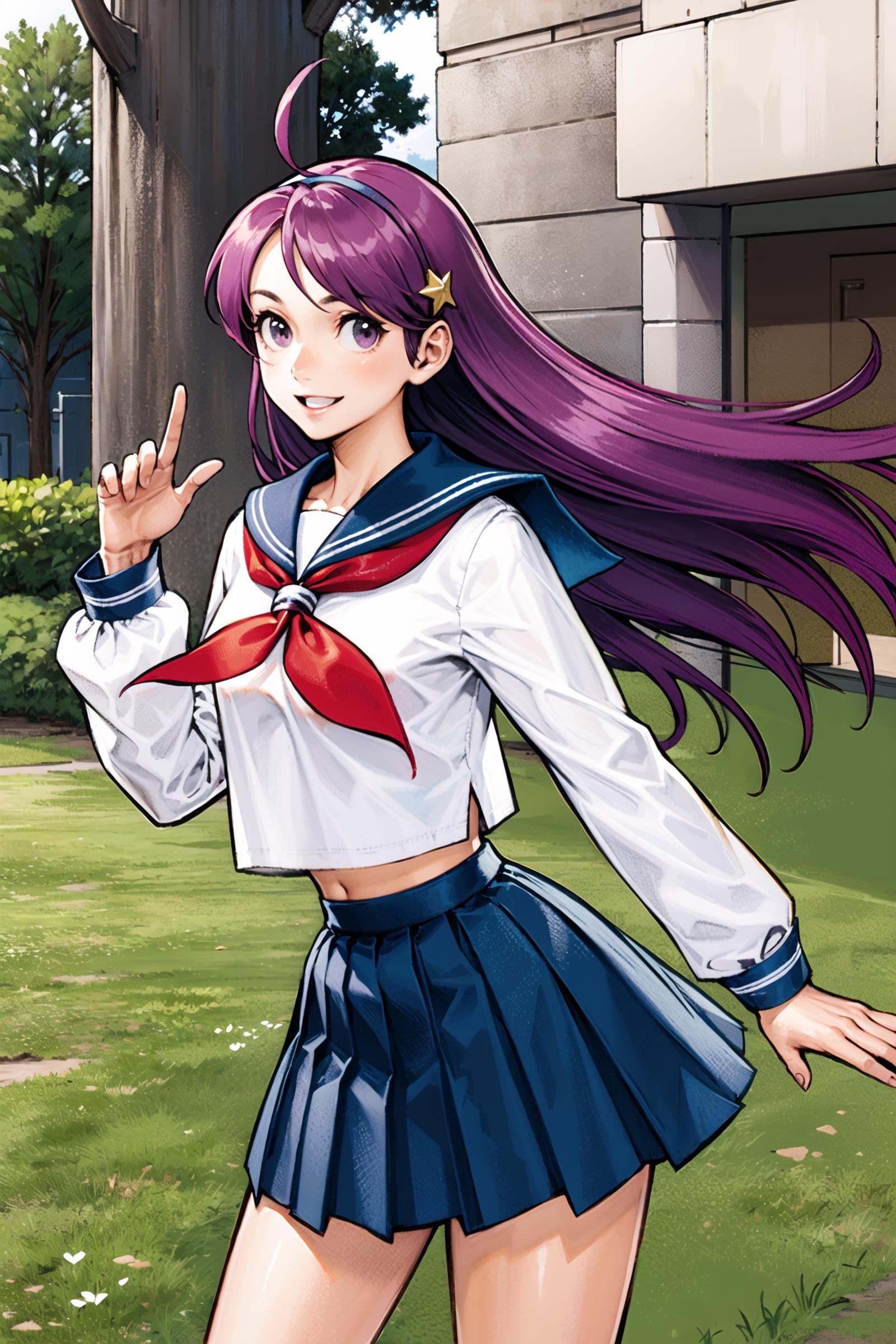 aa2, long hair, hairband school uniform, serafuku, white shirt, blue skirt, ahoge, parted bangs, pleated skirt, midriff, long sleeves, sailor collar,  cowboy shot, outdoors, smile,  <lora:Kinu Nishimura:0.8>,  <lora:asamiya_athena:0.6>