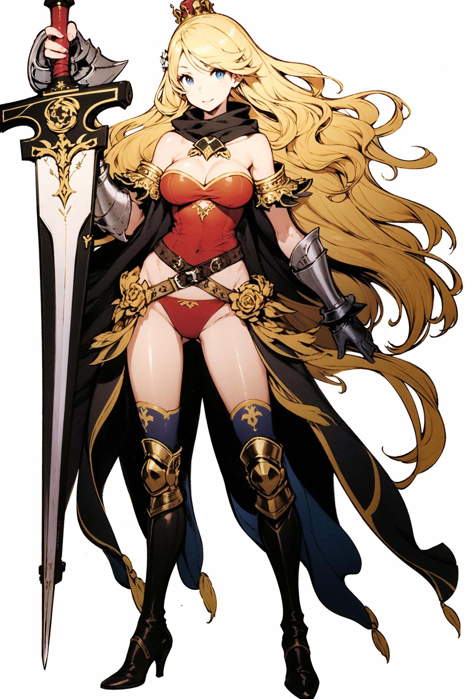 1girl, solo, weapon, sword, blonde hair, long hair, breasts, cape, panties, underwear, gauntlets, armor, boots, medium breasts, flower, high heels, crown, hair ornament, white background, standing, cleavage, full body, large breasts,  <lora:Kinu Nishimura:0.8>