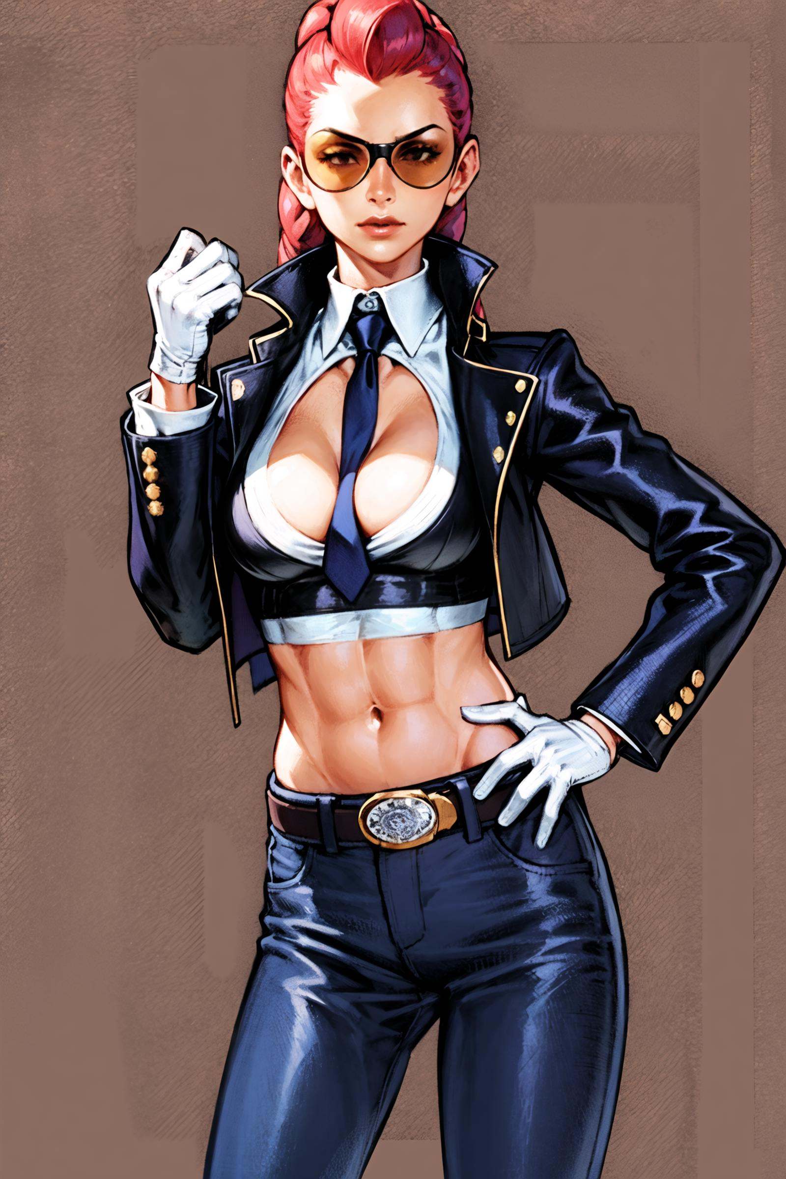 cowboy shot, 1girl, cviperms, breasts, sunglasses, necktie, gloves, necktie between breasts, cleavage, crop top, midriff, tinted eyewear, pants,<lora:Kinu Nishimura:0.8>,  <lora:Crimson Viper:0.6>