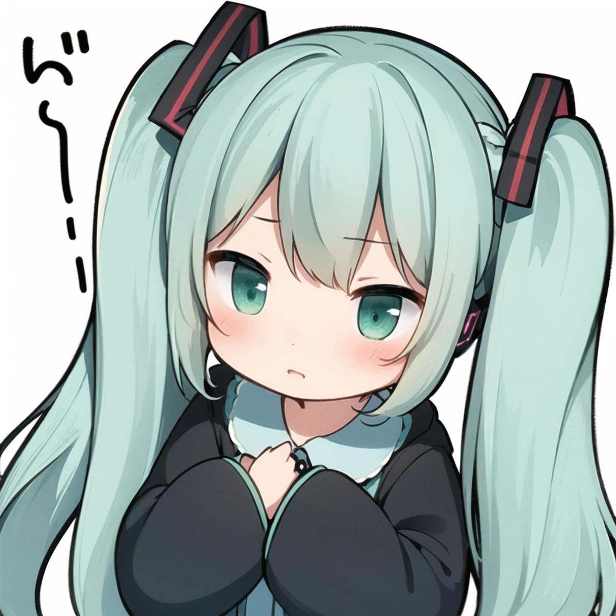 1girl, solo, hatsune miku, long hair, twintails, green hair, green eyes, very long hair, blush, hair ribbon, ribbon, simple background,, <lora:biaoqingbao:0.8>