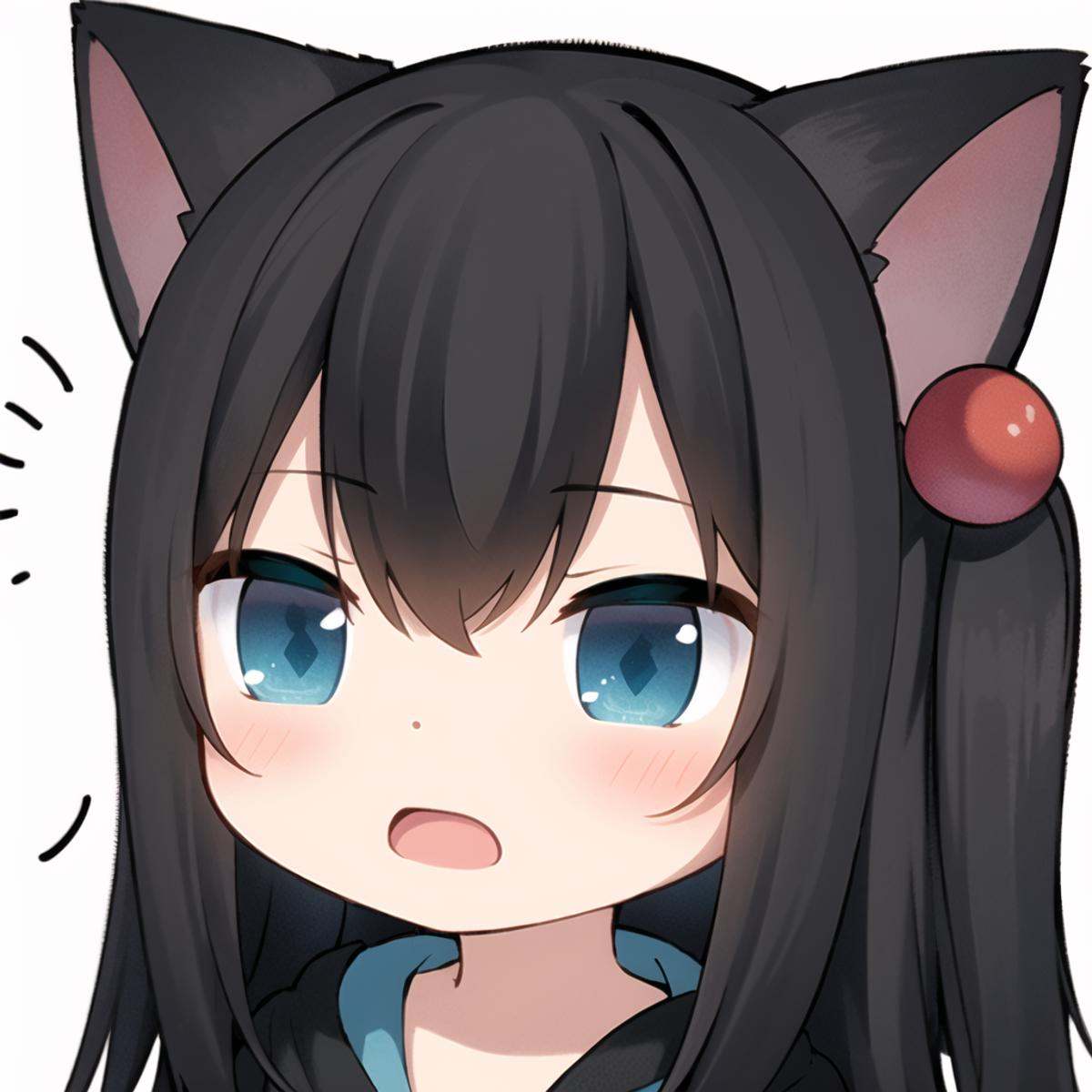 1girl, solo, black hair, animal ears, bangs, blue eyes, ?, white background, cat ears, long hair, hair between eyes, blush, open mouth, hair ornament, simple background, hood, black jacket, hood down, jacket, one side up, chibi, hoodie, portrait, sleeves past wrists, upper body, <lora:biaoqingbao:0.8>
