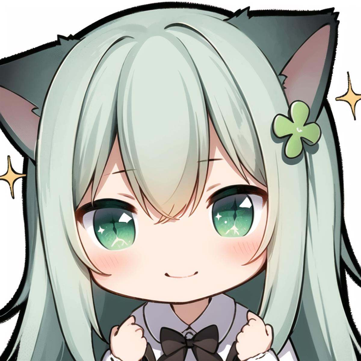 1girl, solo, green eyes, long hair, smile, animal ears, bow, white background, green hair, simple background, clover hair ornament, hair ornament, bangs, white dress, long sleeves, dress, closed mouth, sparkle, chibi, blush, hands up, puffy long sleeves, four-leaf clover hair ornament, upper body, black bow, hair between eyes, very long hair, puffy sleeves, looking at viewer, cat ears, collared dress, brown bow, hair flower, <lora:biaoqingbao:0.8>