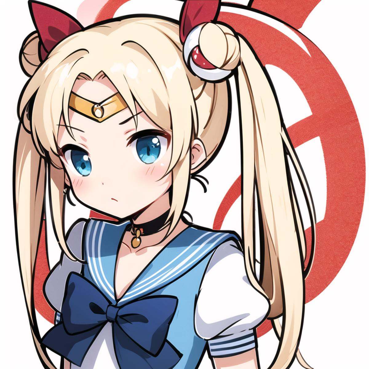 1girl, solo, blonde hair, tsukino usagi, sailor moon, sailor senshi uniform, long hair, blue sailor collar, gloves, blue eyes, bow, twintails, red bow,magical girl, sailor collar, choker, double bun, elbow gloves, hair bun, white gloves, back bow,earrings, pleated skirtsimple background,white background, <lora:biaoqingbao:0.8>