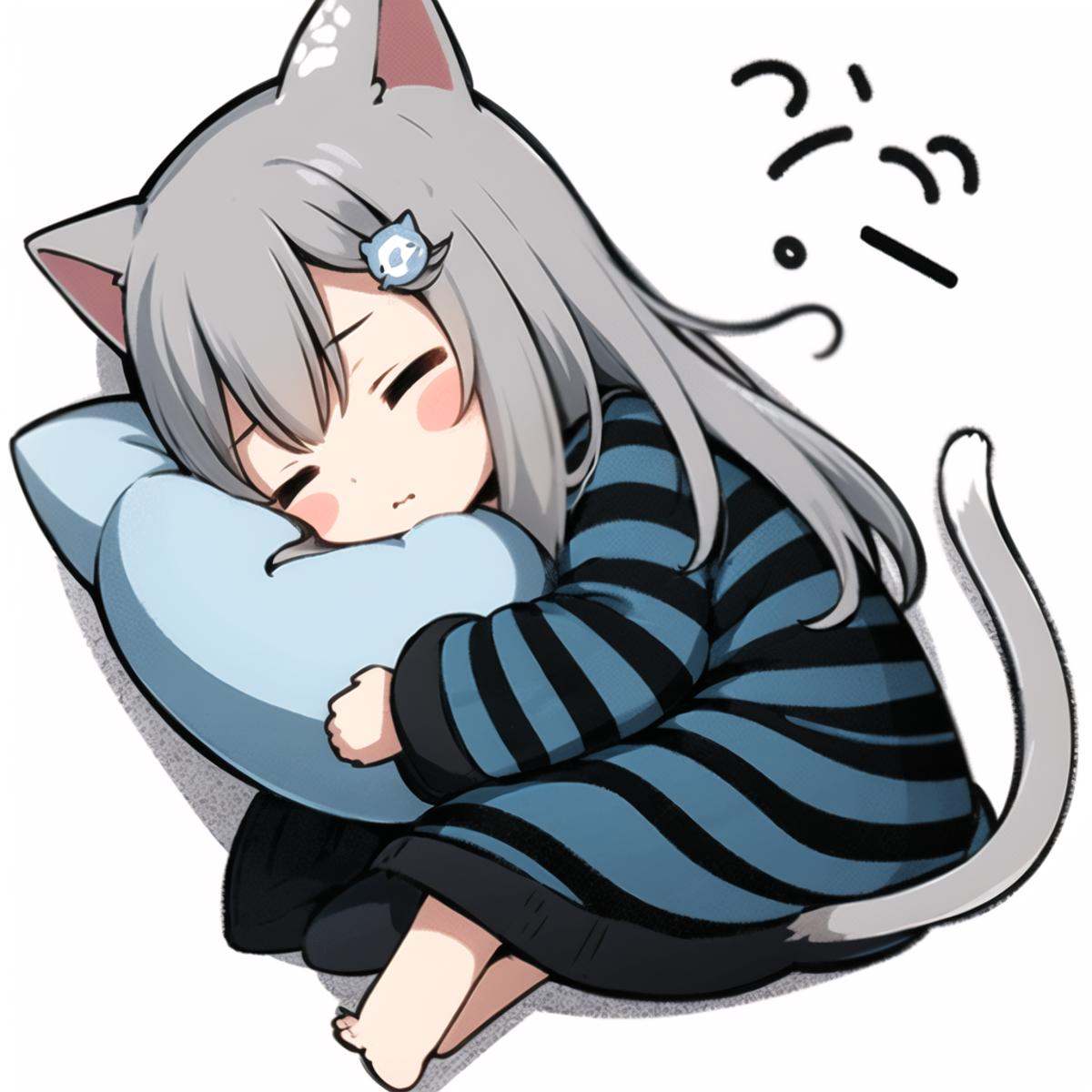 1girl, tail, animal ears, cat ears, cat tail, grey hair, blush stickers, closed eyes, chibi, long hair, long sleeves, striped, cat girl, solo, barefoot, lying, hair ornament, white background, bangs, on side, sleeping, stuffed toy, closed mouth, bare legs, shirt, sleeves past wrists, full body, pillow, stuffed animal, object hug, hair between eyes, blush, shadow, hairclip, <lora:biaoqingbao:0.8>