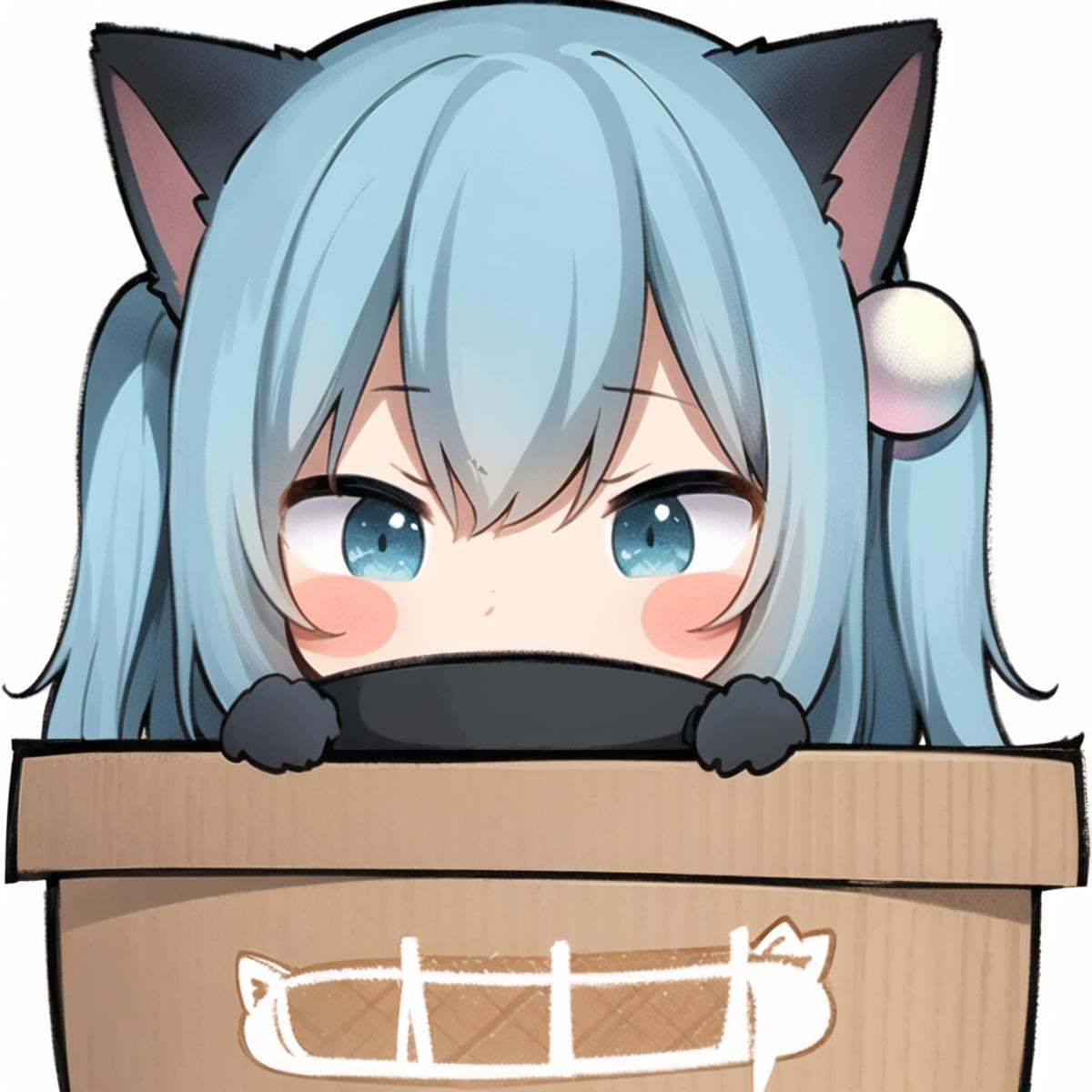 1girl, in container, animal ears, in box, solo, blush stickers, blue hair, cat ears, cardboard box, box, white background, bangs, long hair, blush, hair ornament, simple background, chibi, hair between eyes, peeking out, 0_0, one side up, <lora:biaoqingbao:0.8>