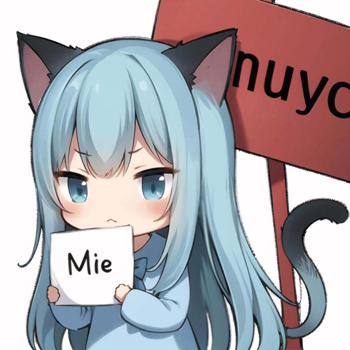 1girl, animal ears, solo, blue hair, cat ears, long hair, blue eyes, white background, anger vein, holding, holding sign, long sleeves, dress, blue dress, bangs, very long hair, simple background, sign, closed mouth, bow, chibi, cat tail, tail, collared dress, blush, cat girl, v-shaped eyebrows, blue bow, hair between eye, <lora:biaoqingbao:0.8>