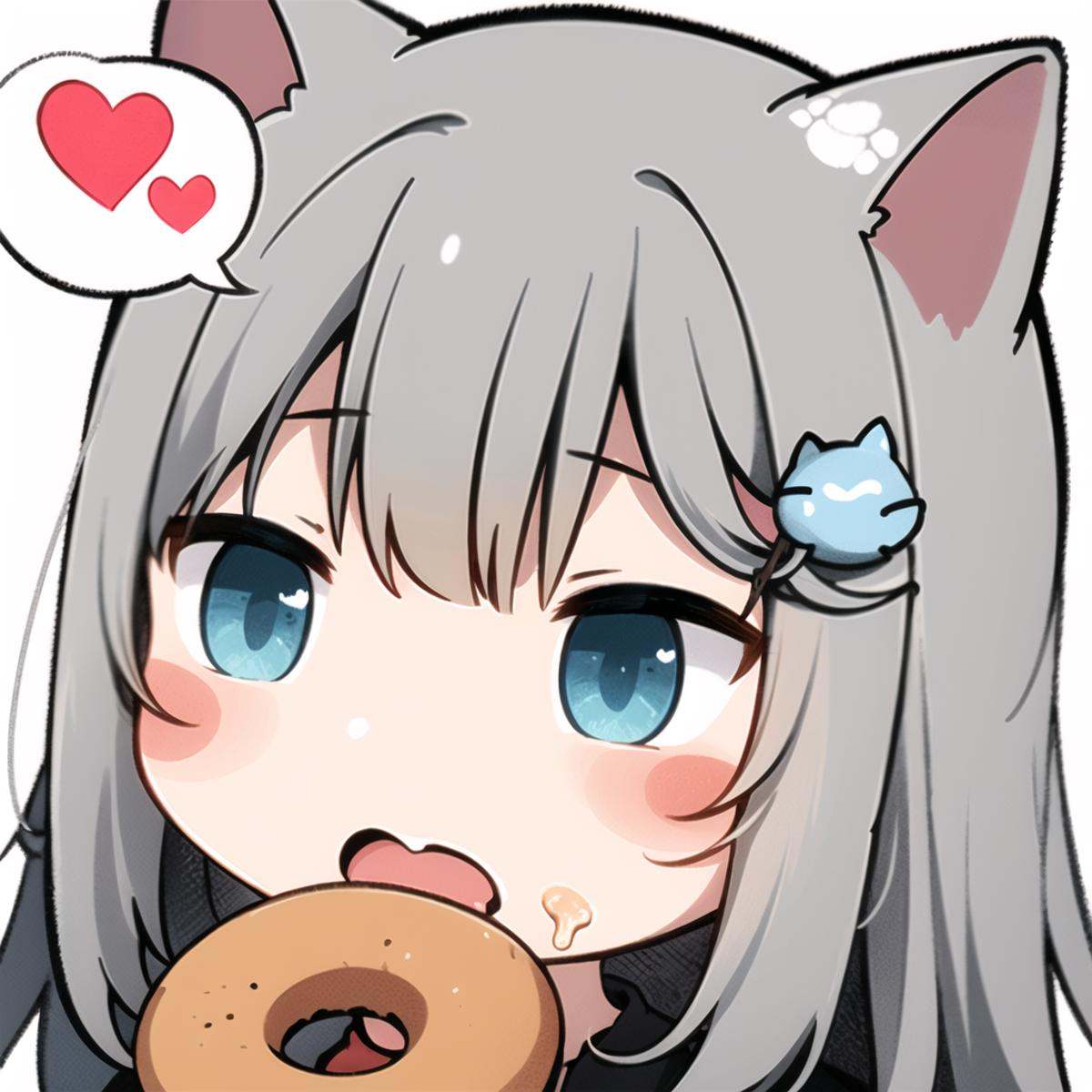 1girl, solo, food, animal ears, grey hair, blue eyes, hair ornament, drooling, bangs, cat ears, white background, mouth drool, heart, blush stickers, hairclip, doughnut, +_+, simple background, thought bubble, open mouth, saliva, blush, fruit, <lora:biaoqingbao:0.8>