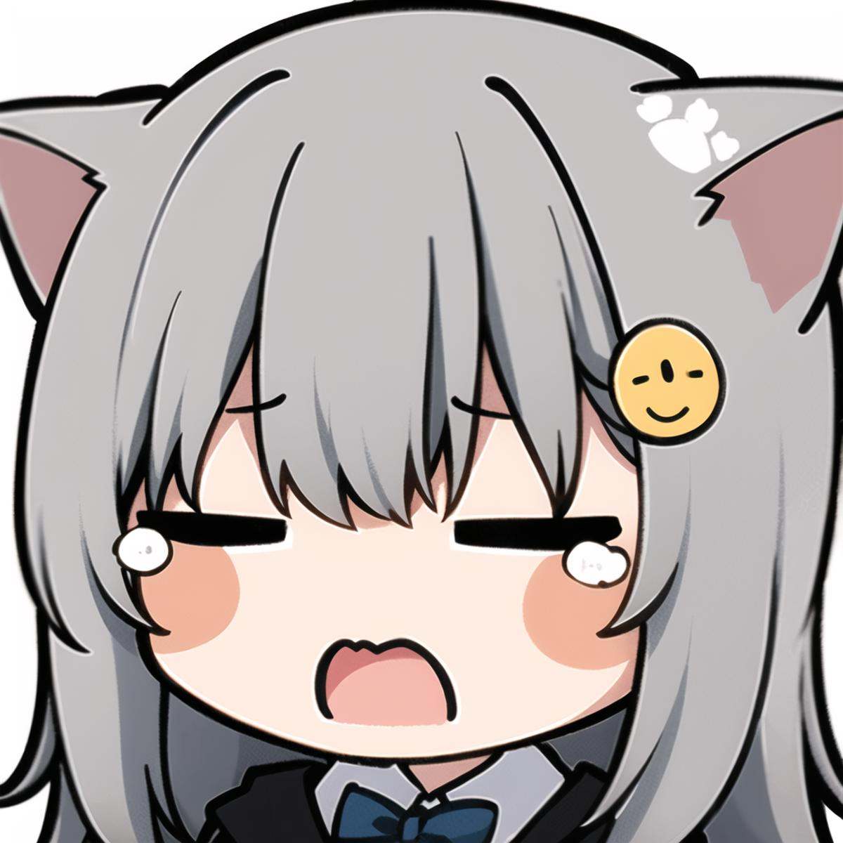 1girl, animal ears, solo, grey hair, cat ears, shirt, black jacket, long hair, hair ornament, bangs, open mouth, jacket, tears, collared shirt, crying, white shirt, bow, hood, upper body, transparent background, chibi, hair between eyes, simple background, hood down, open clothes, open jacket, white background, blue bow, emoji, <lora:biaoqingbao:0.8>