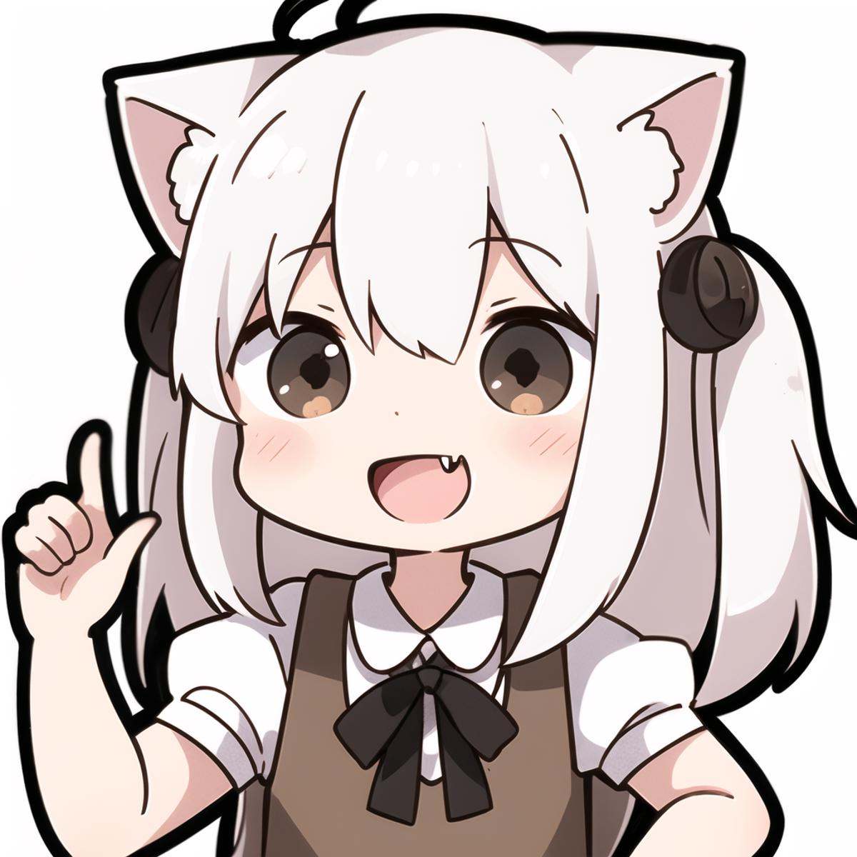 1girl, solo, animal ears, brown eyes, long hair, short sleeves, white background, shirt, smile, fang, simple background, puffy sleeves, puffy short sleeves, white shirt, ahoge, open mouth, white hair, arm up, cat ears, :d, bangs, dress, animal ear fluff, hair between eyes, hair ornament, upper body, brown dress, index finger raised, collared shirt, very long hair, blush, sleeveless, pointing up, pointing, <lora:biaoqingbao:0.8>