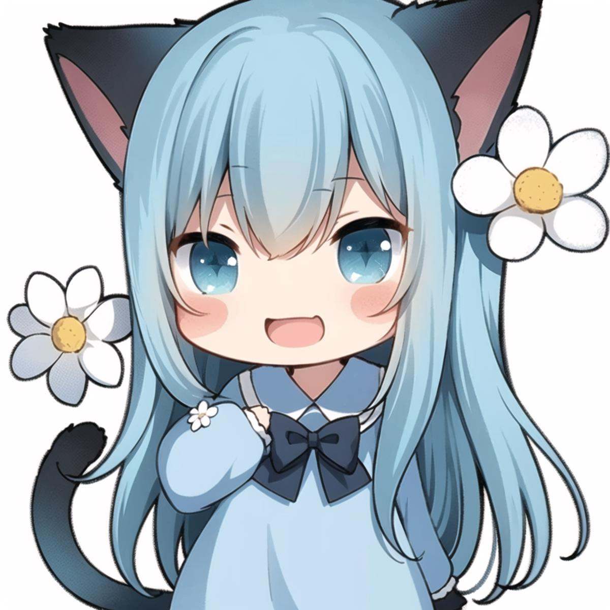 1girl, tail, solo, animal ears, cat tail, cat ears, white background, blue hair, blue eyes, holding, long hair, bangs, smile, simple background, long sleeves, flower, blue shirt, blush stickers, open mouth, :d, hair between eyes, bow, very long hair, cat girl, white flower, arm up, chibi, shirt, blue dress, puffy sleeves, upper body, holding flower, blush, black bow, sailor collar, puffy long sleeves, white sailor collar, sleeves past wrists, dress, blue bow, collared shirt, tail raised, <lora:biaoqingbao:0.8>